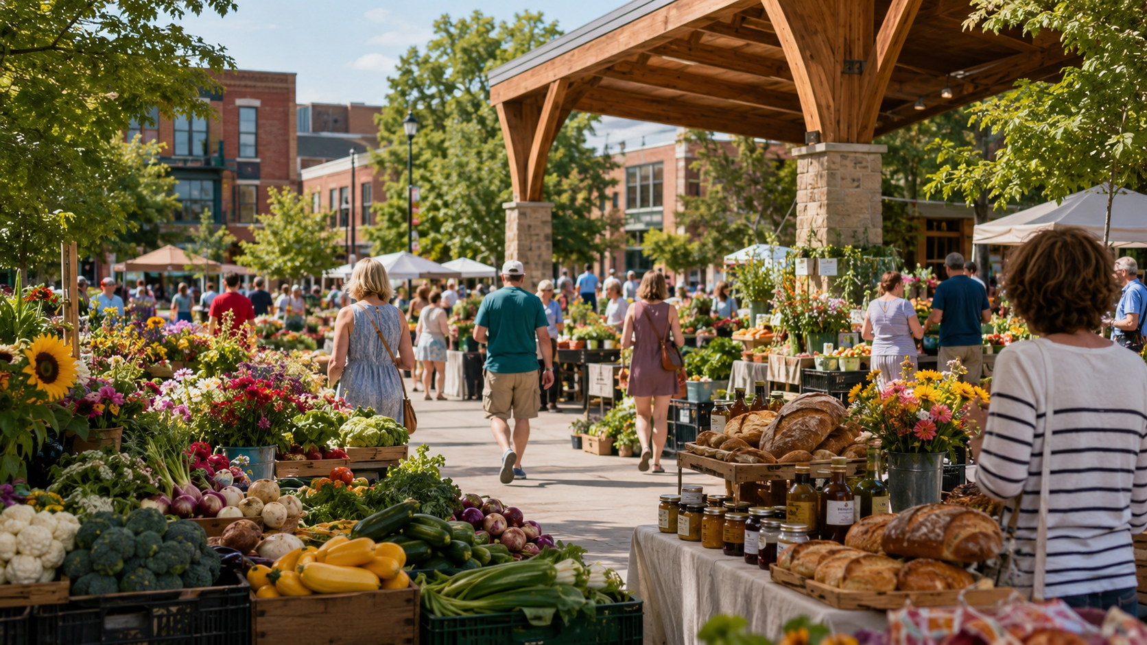 Saturday farmers market in a walkable Kansas City suburb with fresh produce, flowers, artisan bread, local vendors, and families browsing.