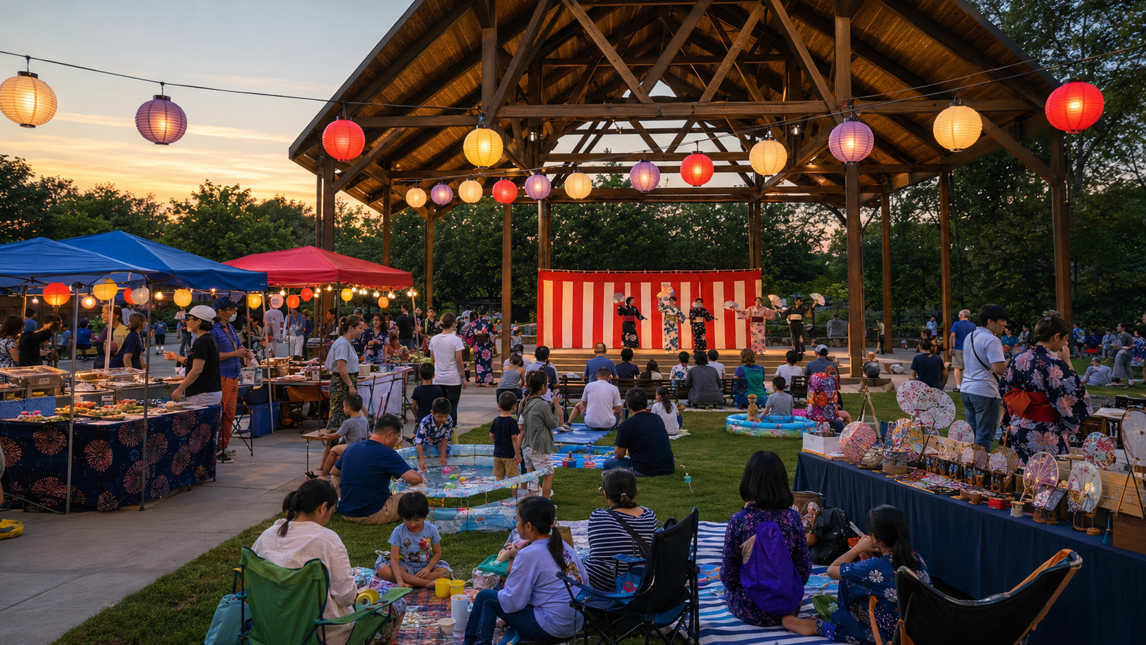 Japanese summer festival at Merriam Marketplace with colorful lanterns, food stalls, cultural performances, family games, and community activities.
