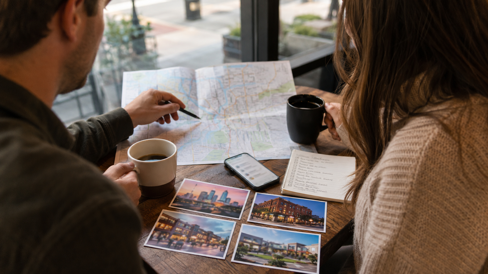 Couple planning a Kansas City weekend at a café with a metro map, smartphone, itinerary, coffee, and photos of popular local districts.