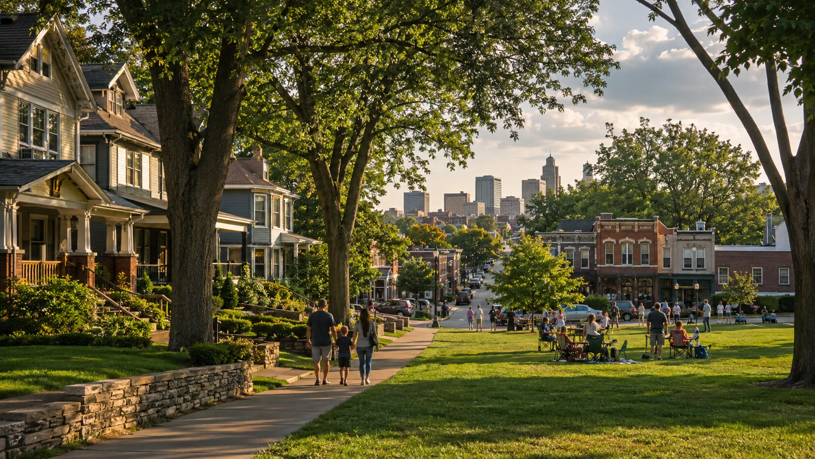 Kansas City neighborhood with historic homes, local shops, mature trees, a community park, and neighbors enjoying a weekend gathering.