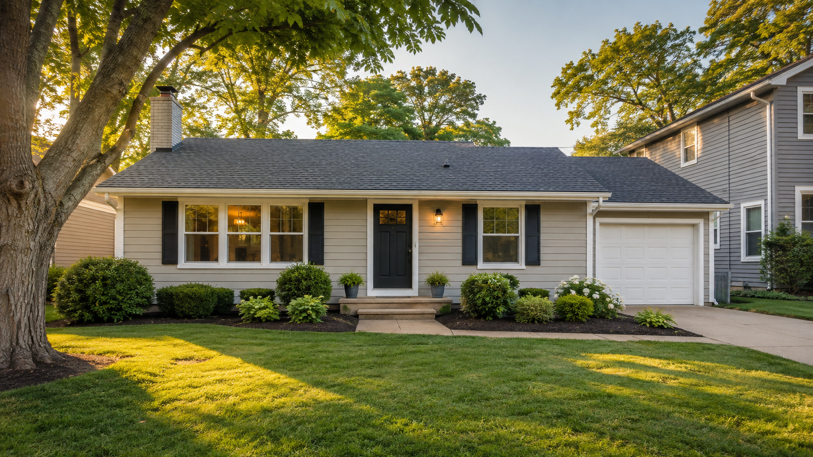 Kansas City suburban home with warm-neutral exterior paint, a refreshed front door, modern porch light, trimmed landscaping, fresh mulch, and a tidy lawn.