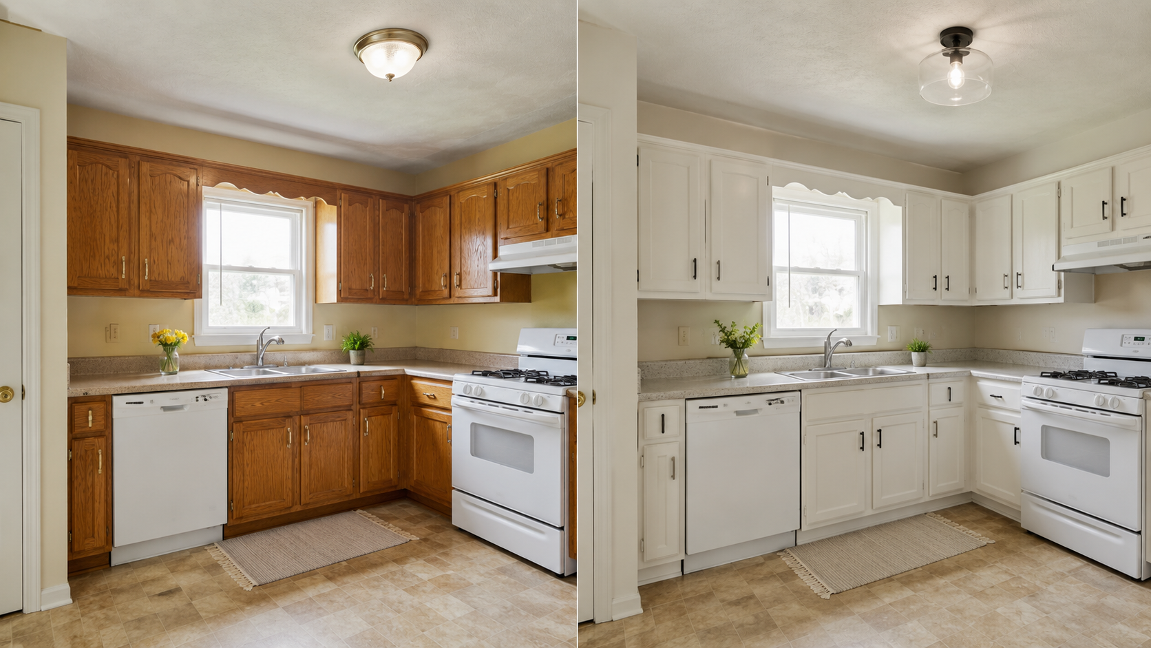 Before-and-after kitchen comparison showing painted cabinets, updated hardware, modern lighting, and neutral counters with the original layout preserved.