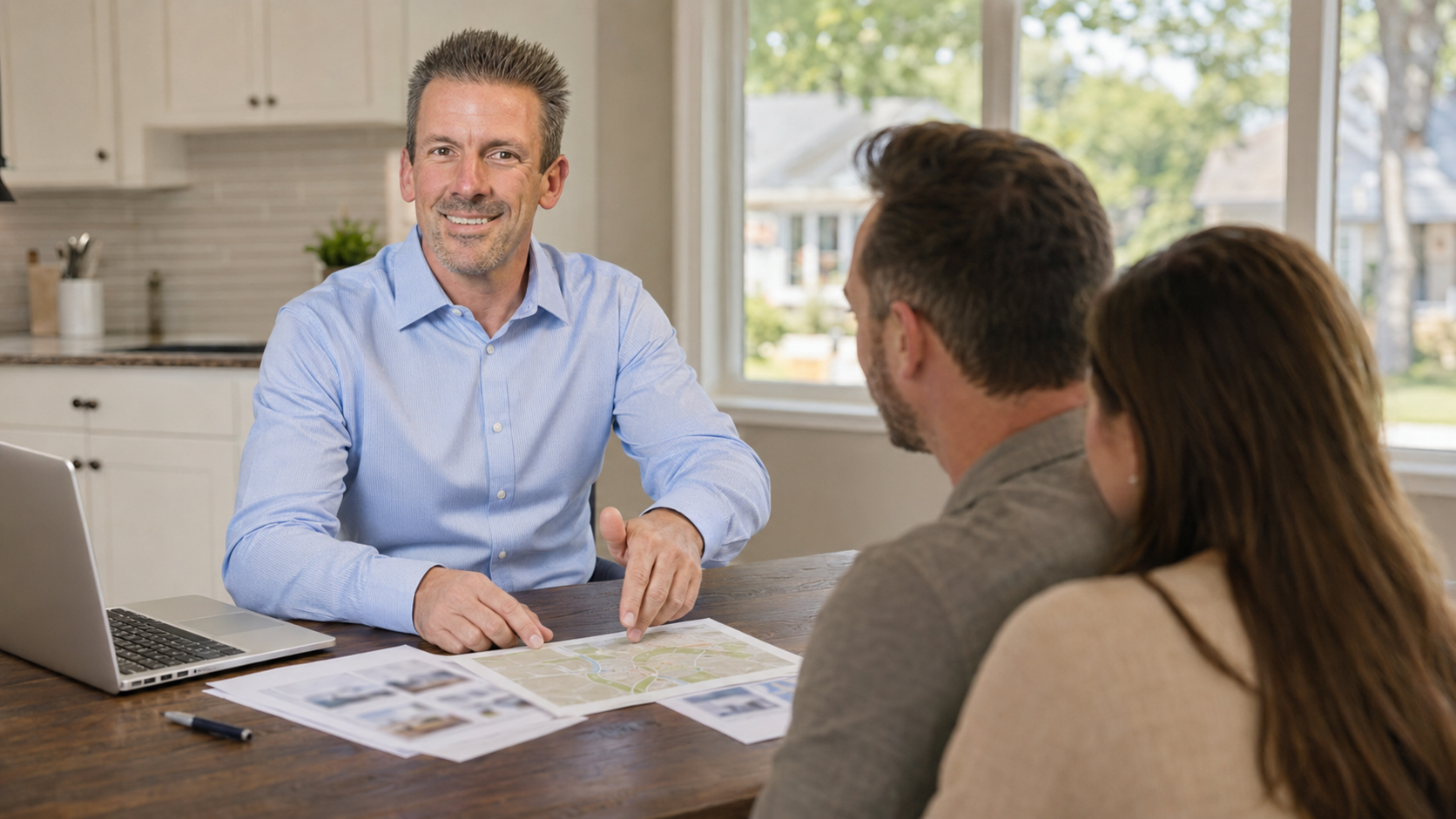 Kansas City real estate advisor meeting with homeowners at their kitchen table to review a property assessment, neighborhood map, and selling options.