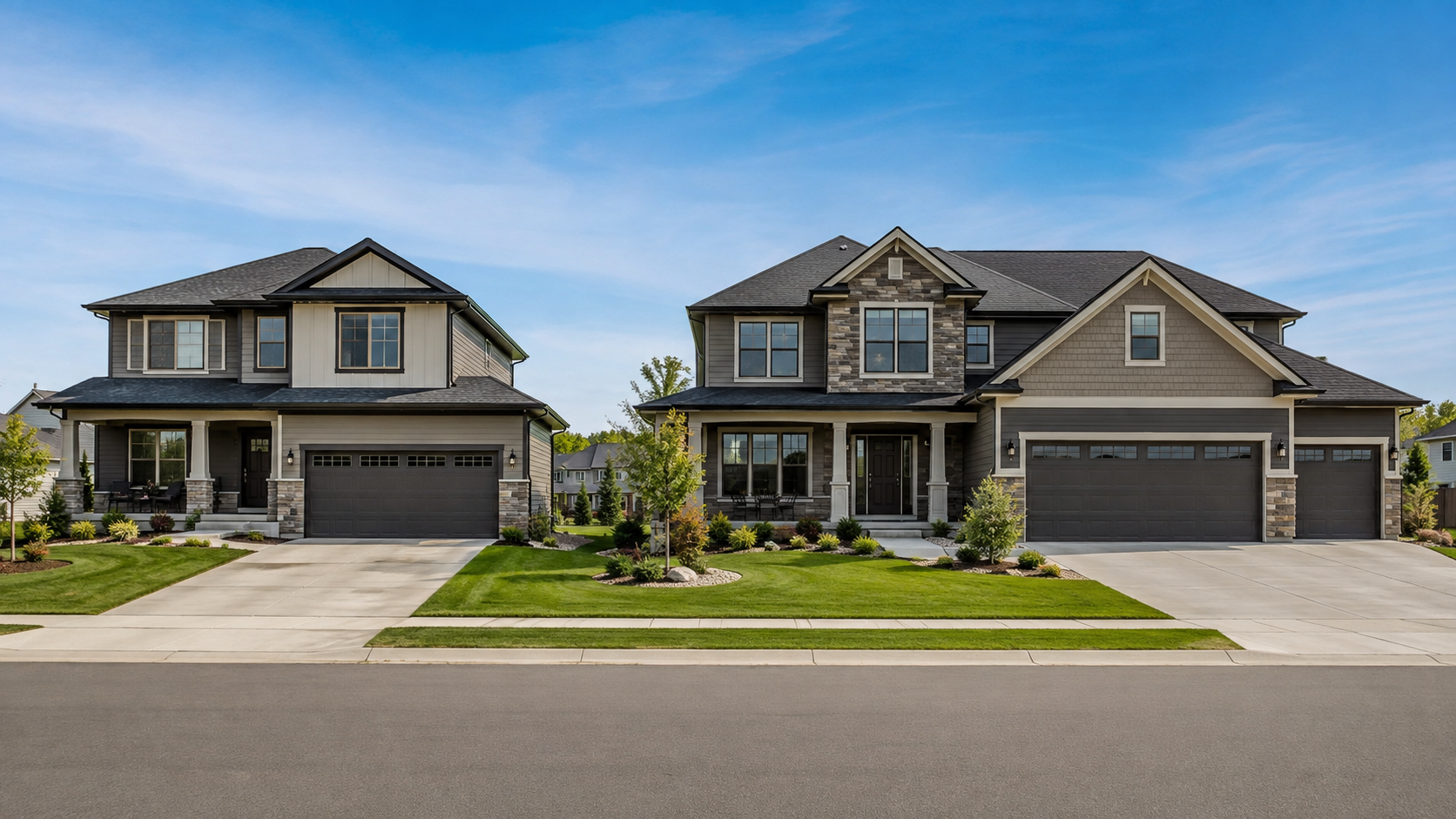 Two modern suburban homes shown side by side, comparing a standard two-car-garage home with a larger, more upscale three-car-garage property. Two modern suburban homes shown side by side, comparing a standard two-car-garage home with a larger, more upscale three-car-garage property.