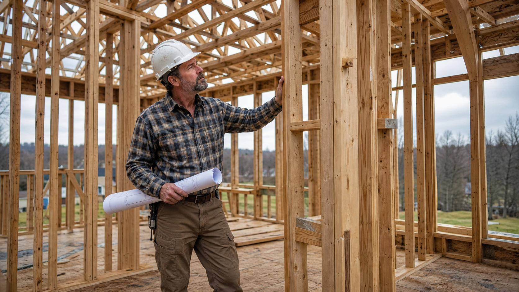 Experienced home builder wearing a hard hat and holding blueprints while inspecting the wood framing and roof trusses of a house under construction. Experienced home builder wearing a hard hat and holding blueprints while inspecting the wood framing and roof trusses of a house under construction.
