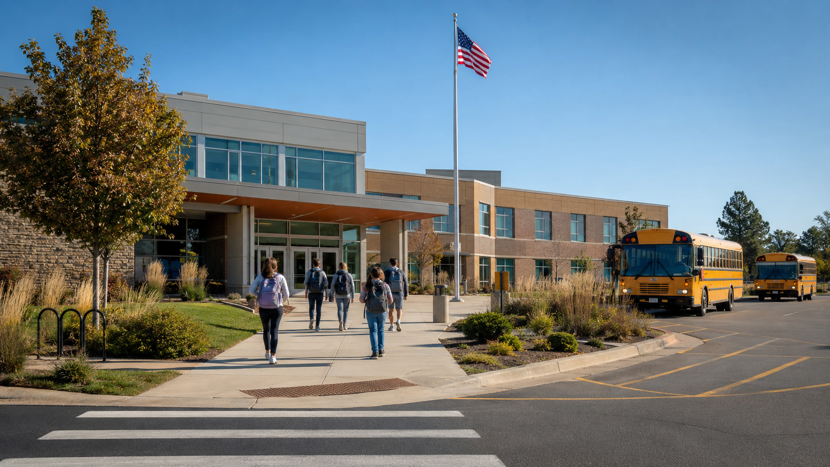 Students with backpacks walking toward a modern suburban public school with yellow buses and an American flag on a bright morning. Students with backpacks walking toward a modern suburban public school with yellow buses and an American flag on a bright morning.