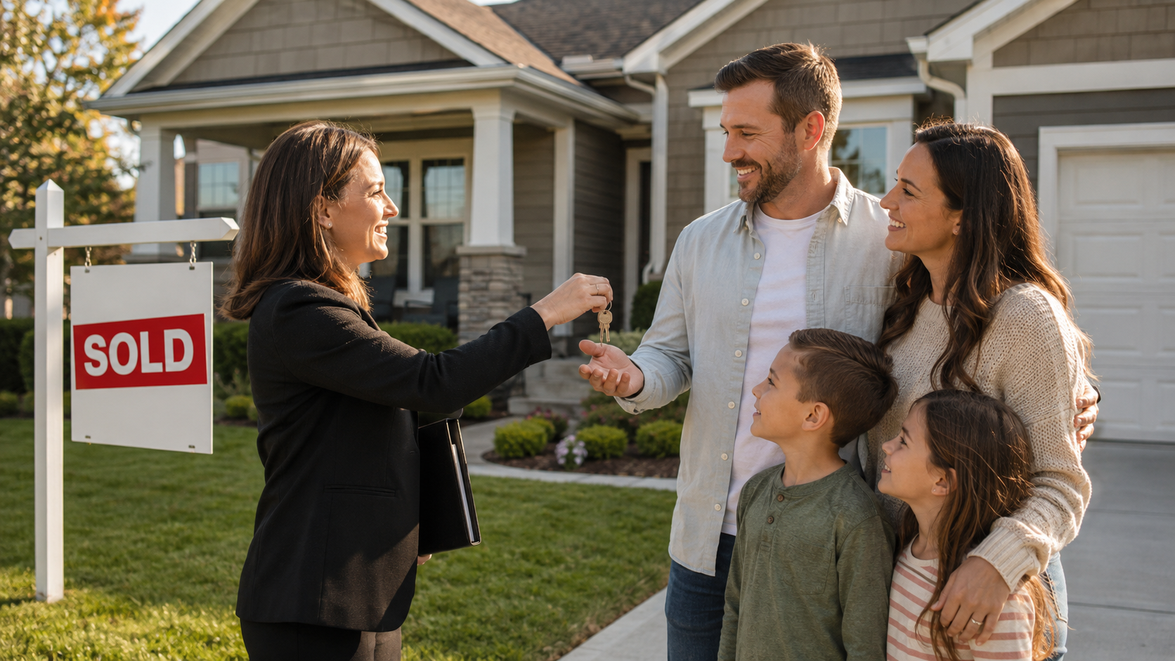 Real estate agent handing house keys to a smiling family beside a sold sign in front of their new suburban home. Real estate agent handing house keys to a smiling family beside a sold sign in front of their new suburban home.