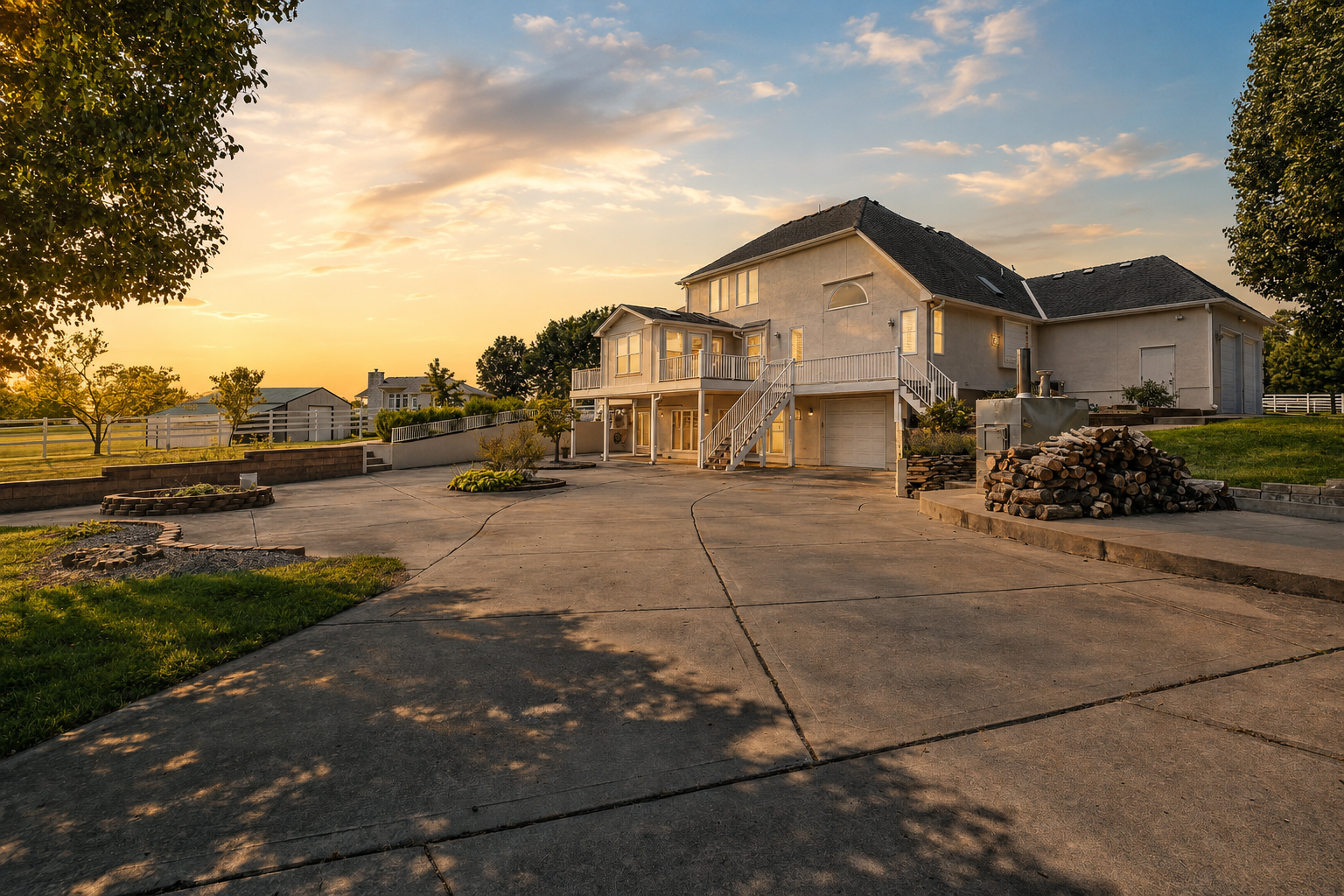 Cinematic golden-hour view of a spacious Lee’s Summit acreage home with a large patio, elevated deck, fenced grounds and mature trees.