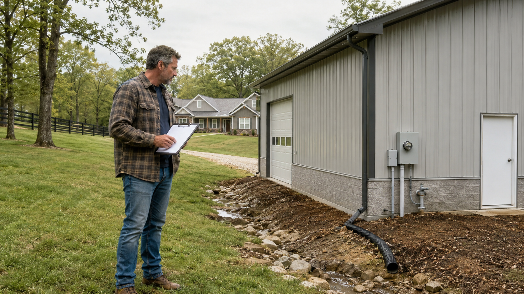 Real estate and construction professional inspecting drainage and utilities beside a detached workshop on a Missouri acreage property.
