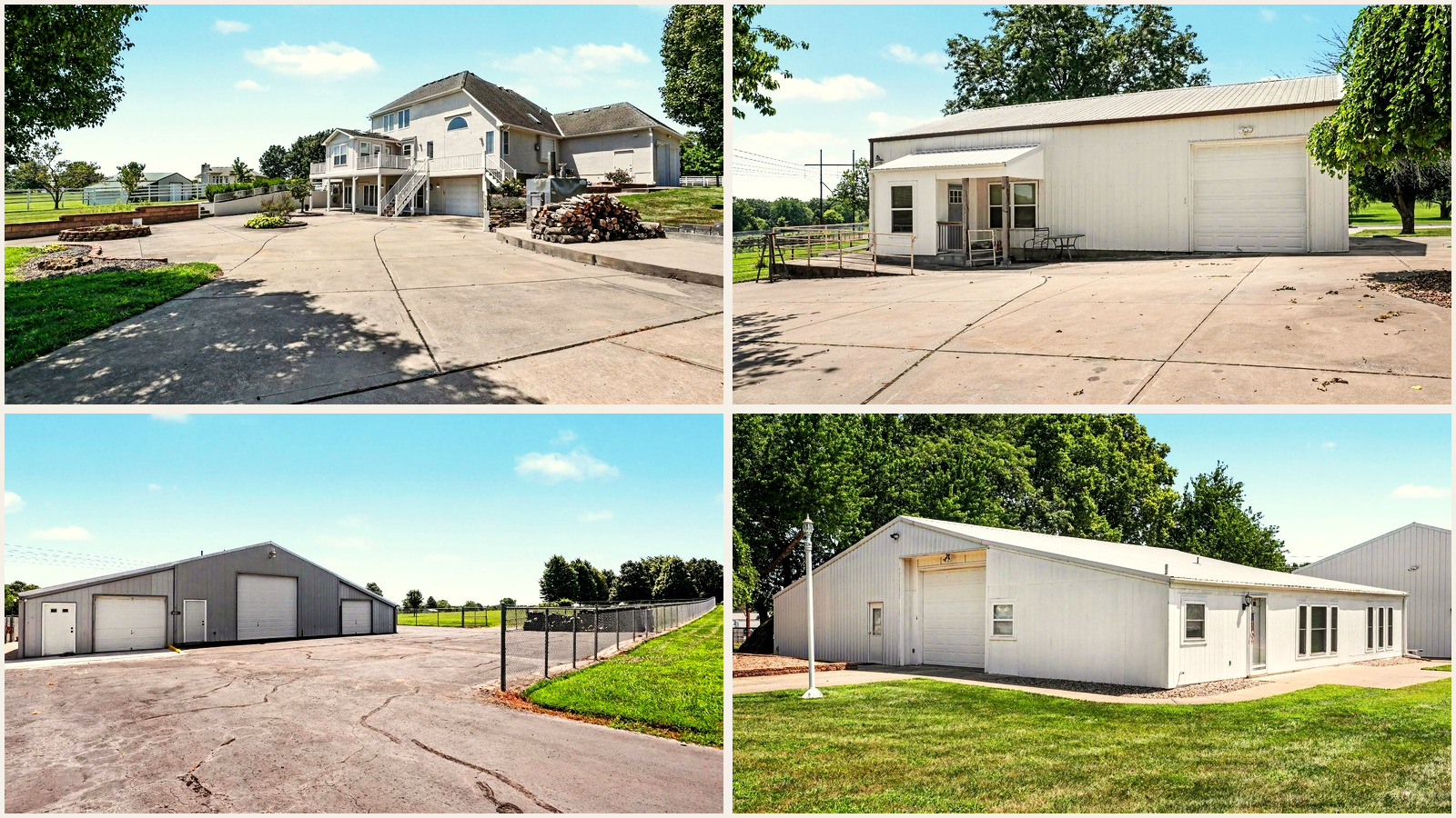 Cinematic collage of 903 Doc Henry Road in Greenwood, Missouri, featuring the acreage home, detached workshops and residential outbuildings.