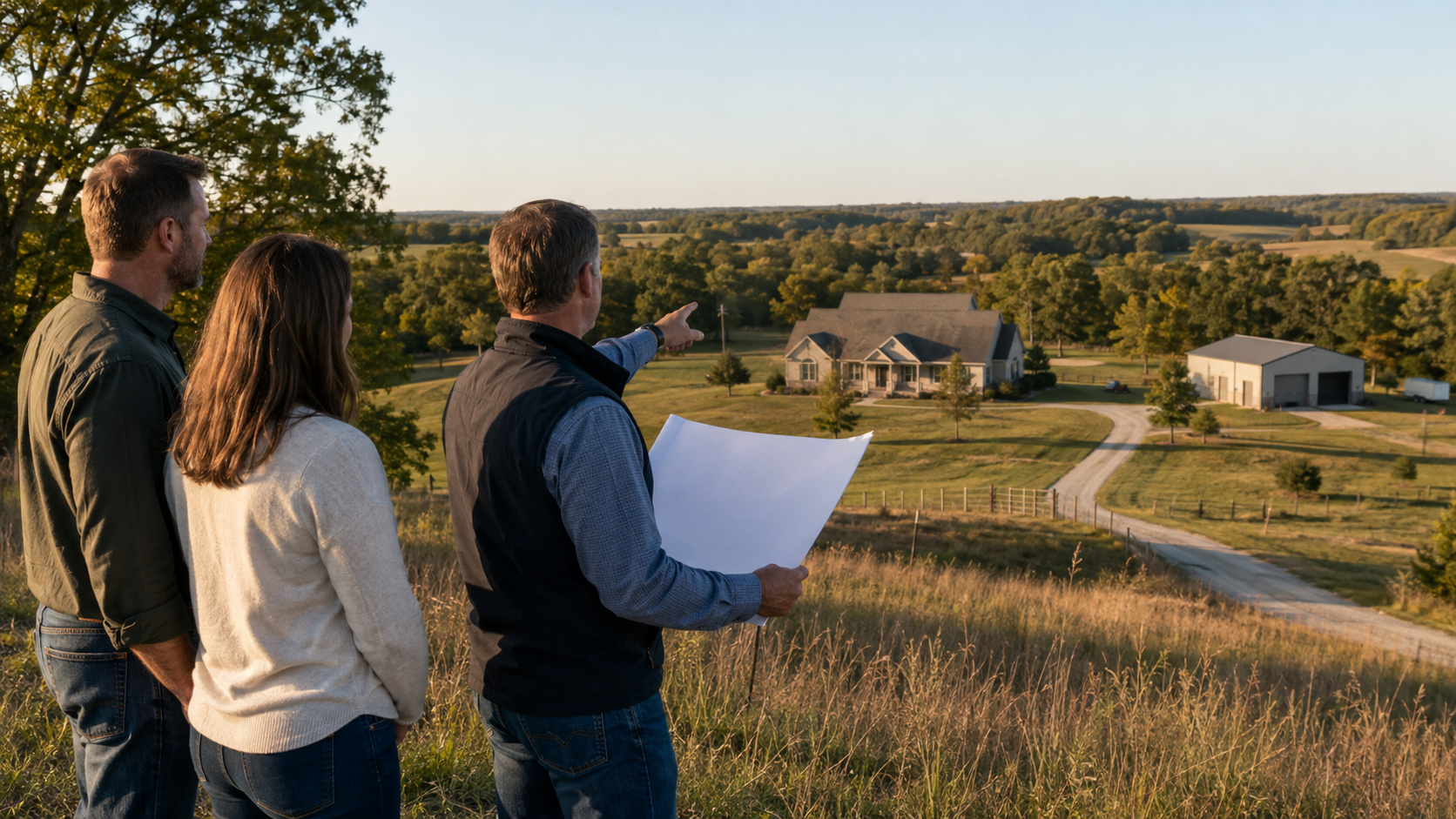Real estate advisor and couple reviewing a Missouri acreage home, open land, workshop and access drive from an elevated overlook.