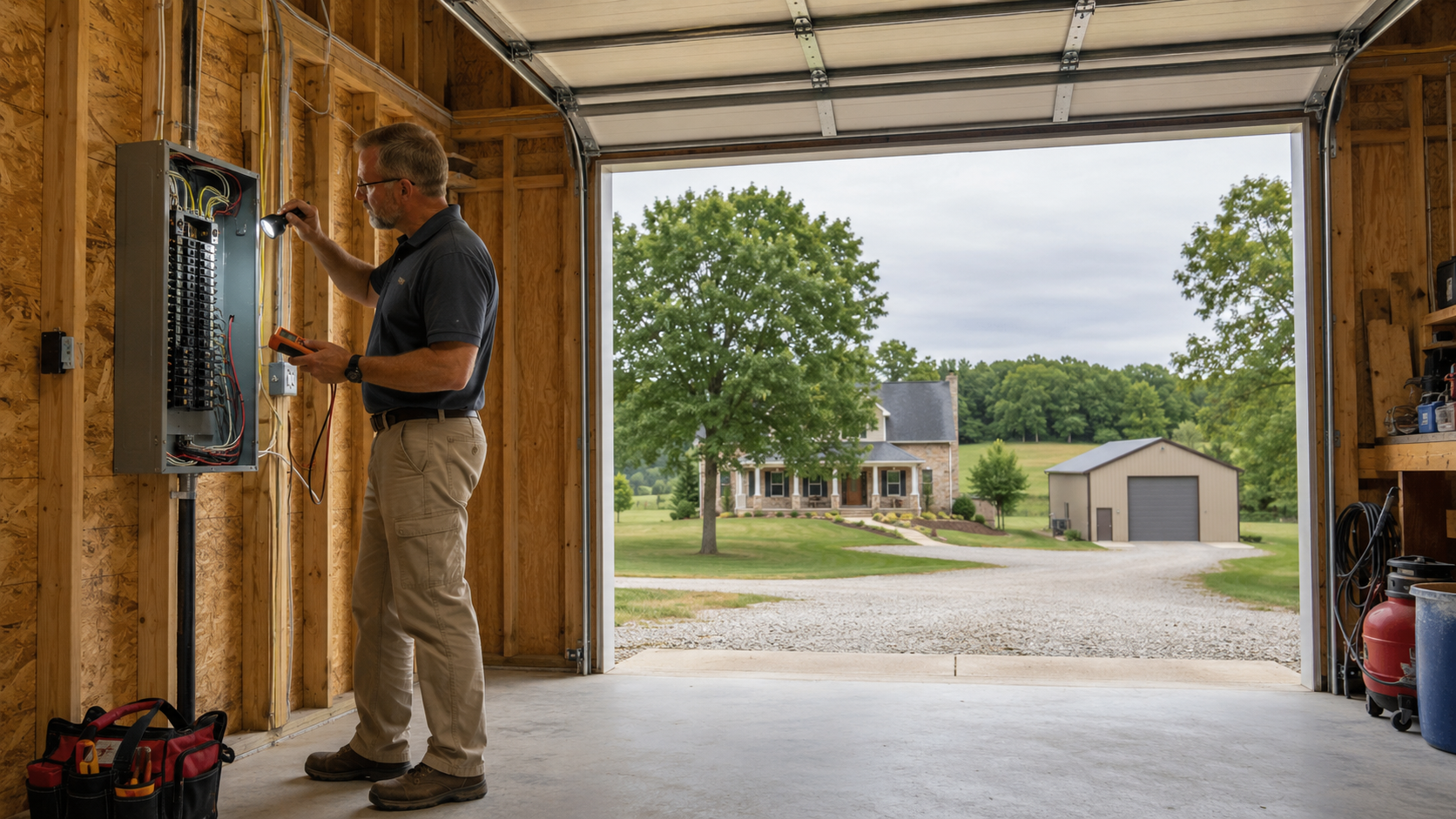 Licensed inspector examining an electrical panel and structural framing inside a detached workshop on a rural Missouri acreage property.