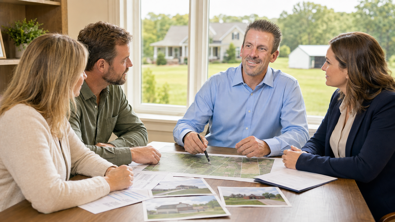 Real estate advisor, lender and buyers reviewing acreage property financing, inspection photos and a land map during an office consultation.