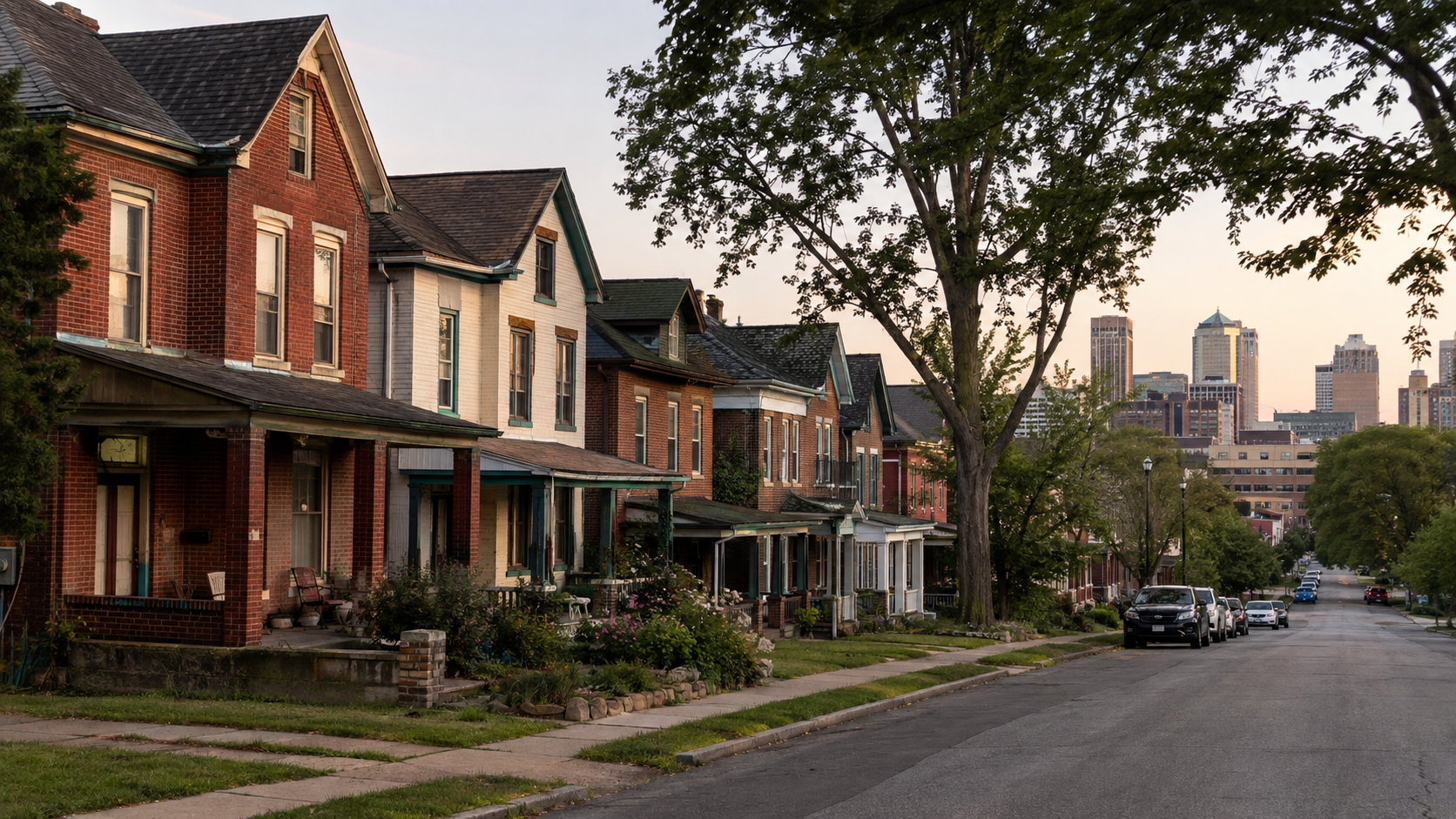 Historic Columbus Park homes with covered porches, compact yards and mature trees near the downtown Kansas City skyline. Historic Columbus Park homes with covered porches, compact yards and mature trees near the downtown Kansas City skyline.