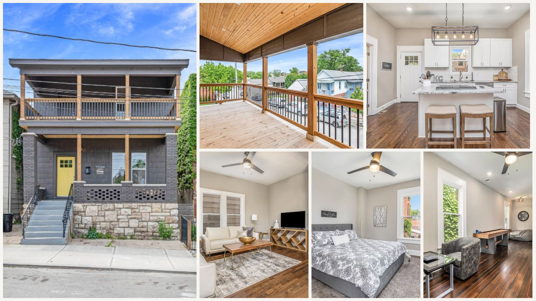 Collage of a Columbus Park Kansas City home featuring its historic exterior, covered balcony, renovated kitchen, living room, bedroom and recreation space. Collage of a Columbus Park Kansas City home featuring its historic exterior, covered balcony, renovated kitchen, living room, bedroom and recreation space.