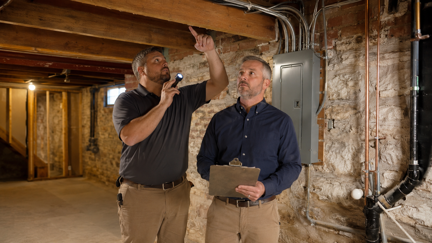 Home inspector and construction professional examine masonry, framing, electrical, and plumbing in a renovated Kansas City basement. Home inspector and construction professional examine masonry, framing, electrical, and plumbing in a renovated Kansas City basement.