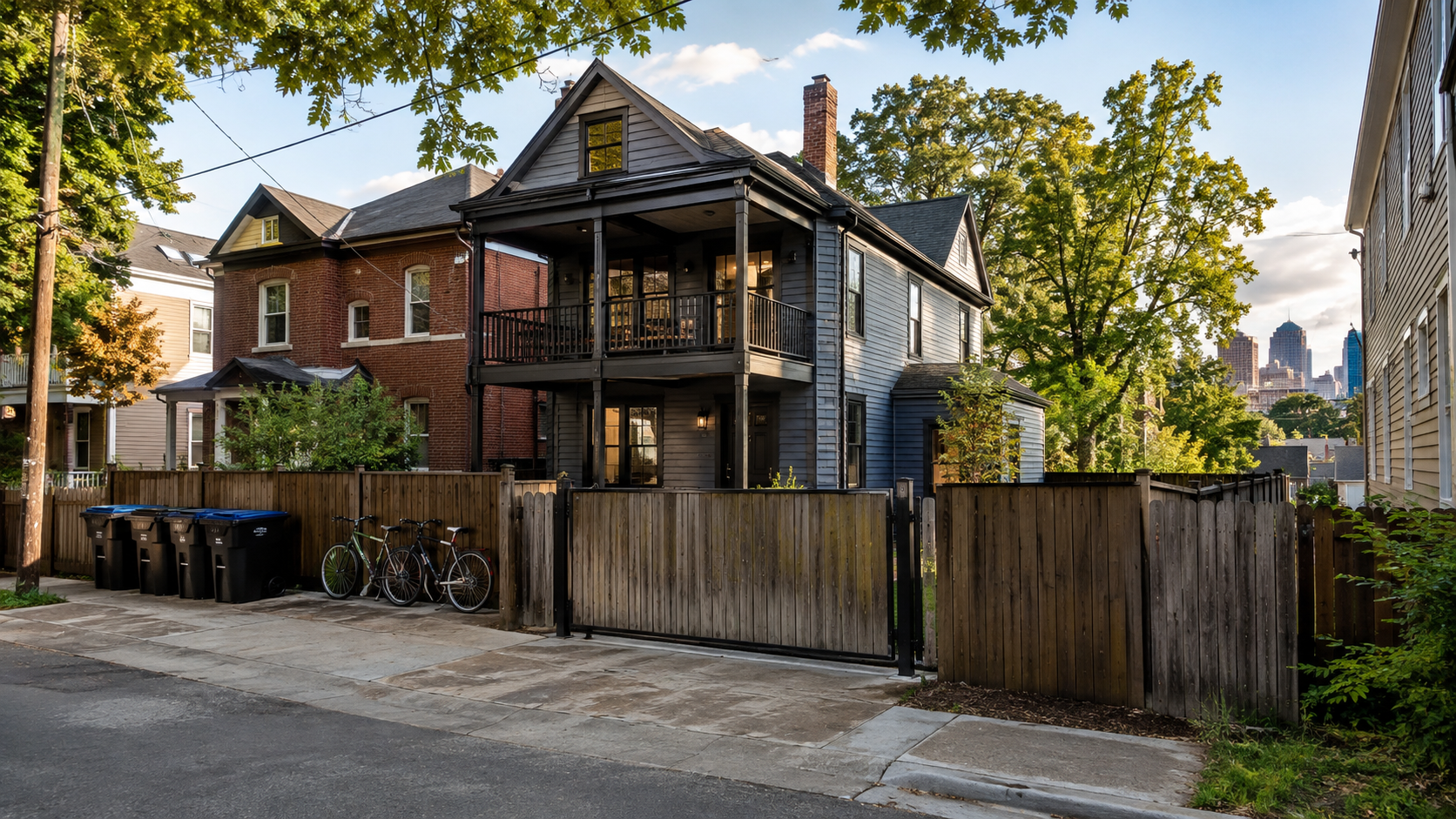 Renovated Columbus Park home with a covered rear deck, fenced yard, alley parking, bicycles, and the Kansas City skyline. Renovated Columbus Park home with a covered rear deck, fenced yard, alley parking, bicycles, and the Kansas City skyline.