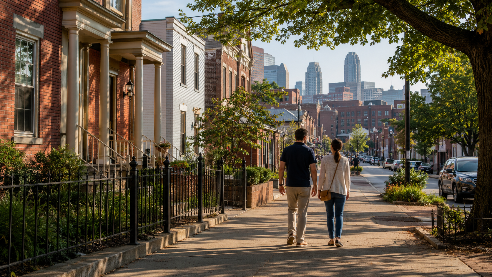 Couple walks through historic Columbus Park toward River Market and downtown Kansas City on a tree-lined residential street. Couple walks through historic Columbus Park toward River Market and downtown Kansas City on a tree-lined residential street.