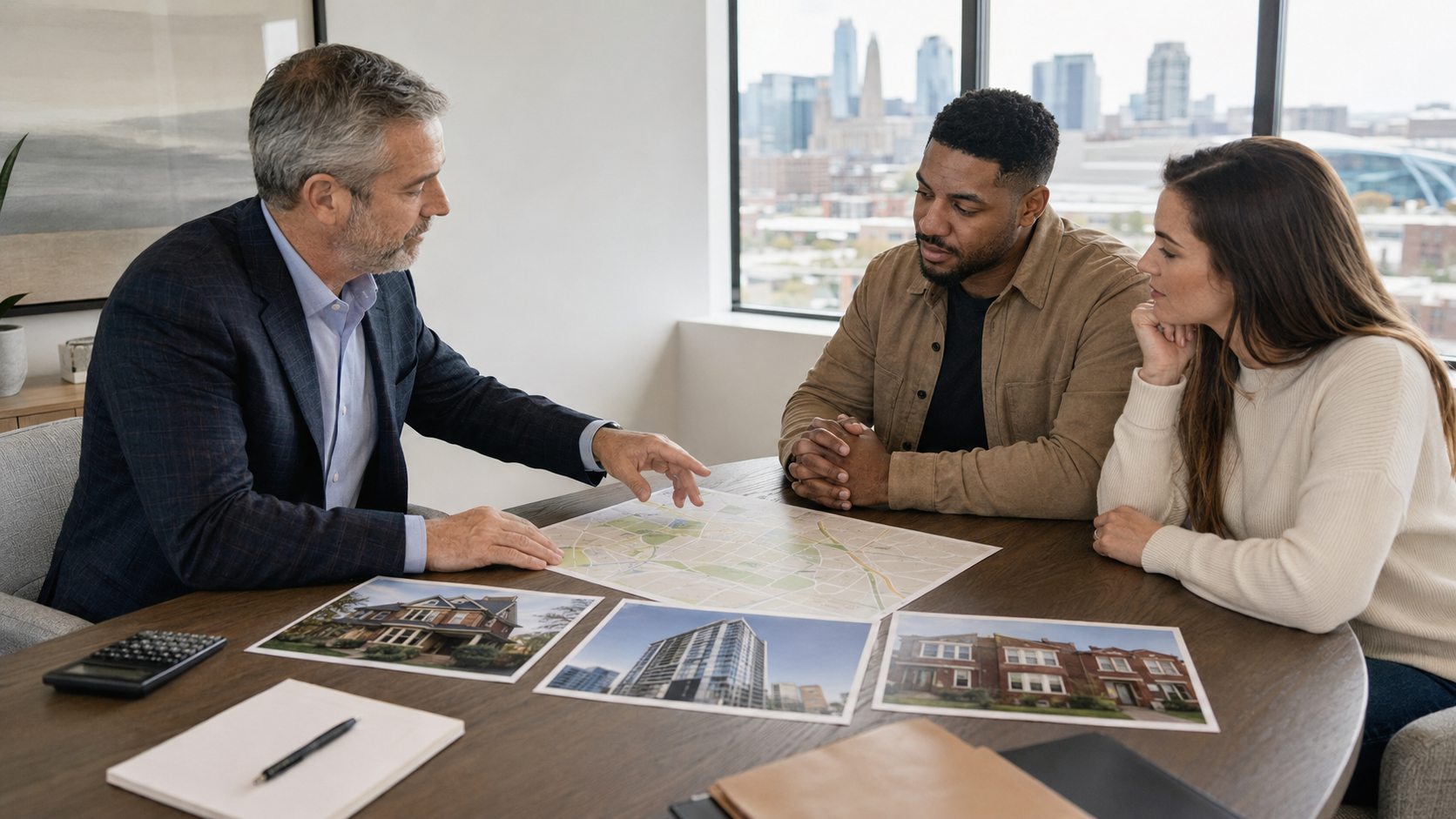 Kansas City real estate advisor compares a historic home, downtown condo, and duplex with buyers during a property value analysis. Kansas City real estate advisor compares a historic home, downtown condo, and duplex with buyers during a property value analysis.