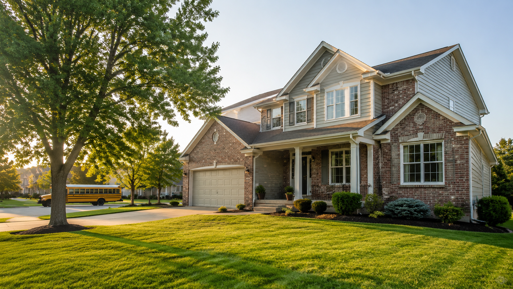 Two-story brick and gray-sided Kansas City suburban home with a school bus passing at golden hour.