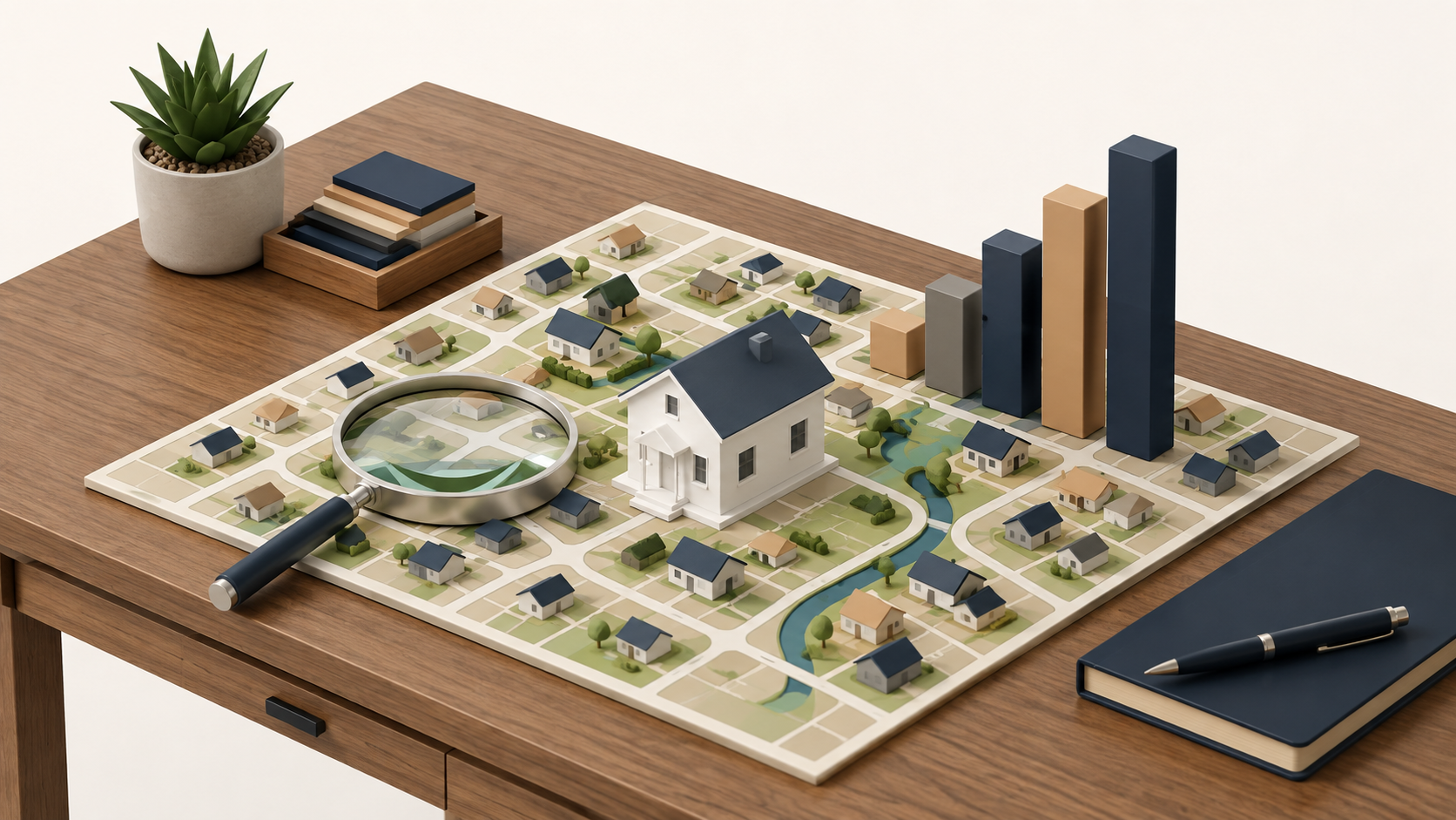 Isometric neighborhood map with a model house, magnifying glass, and rising real estate market chart.