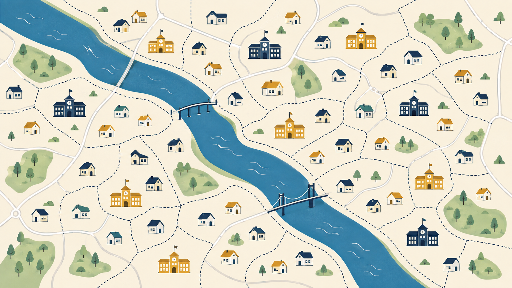 Illustrated metro map divided by a river with homes, schools, roads, and school district boundaries.
