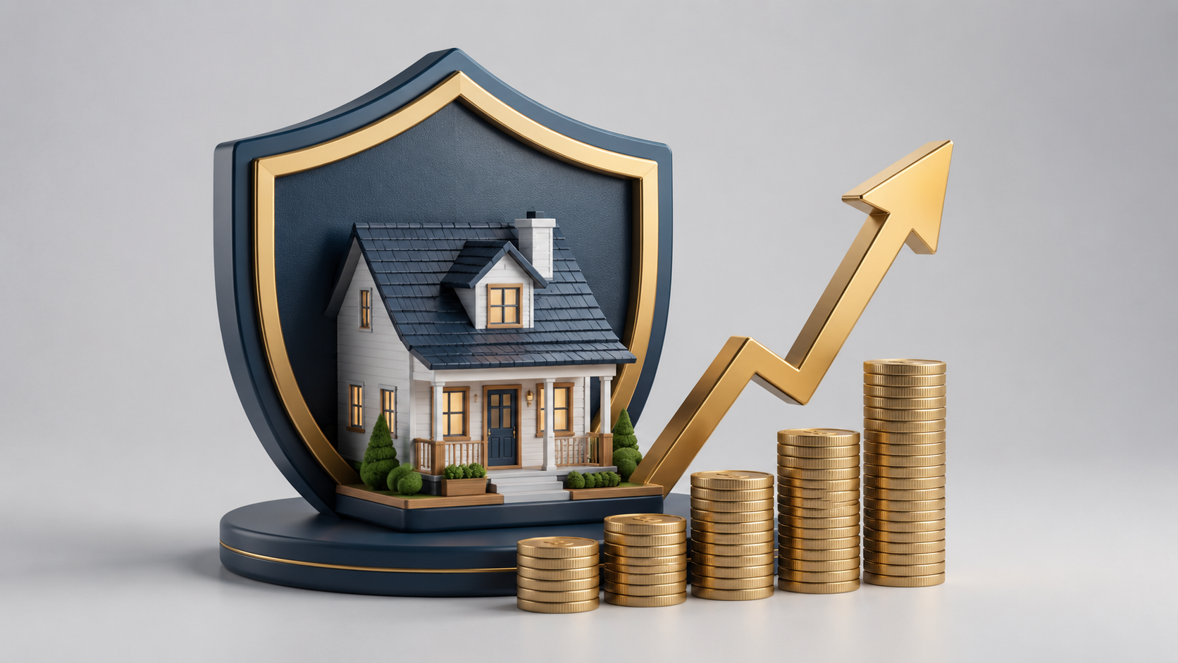 House protected by a shield with rising arrow and coin stacks representing home-value growth.