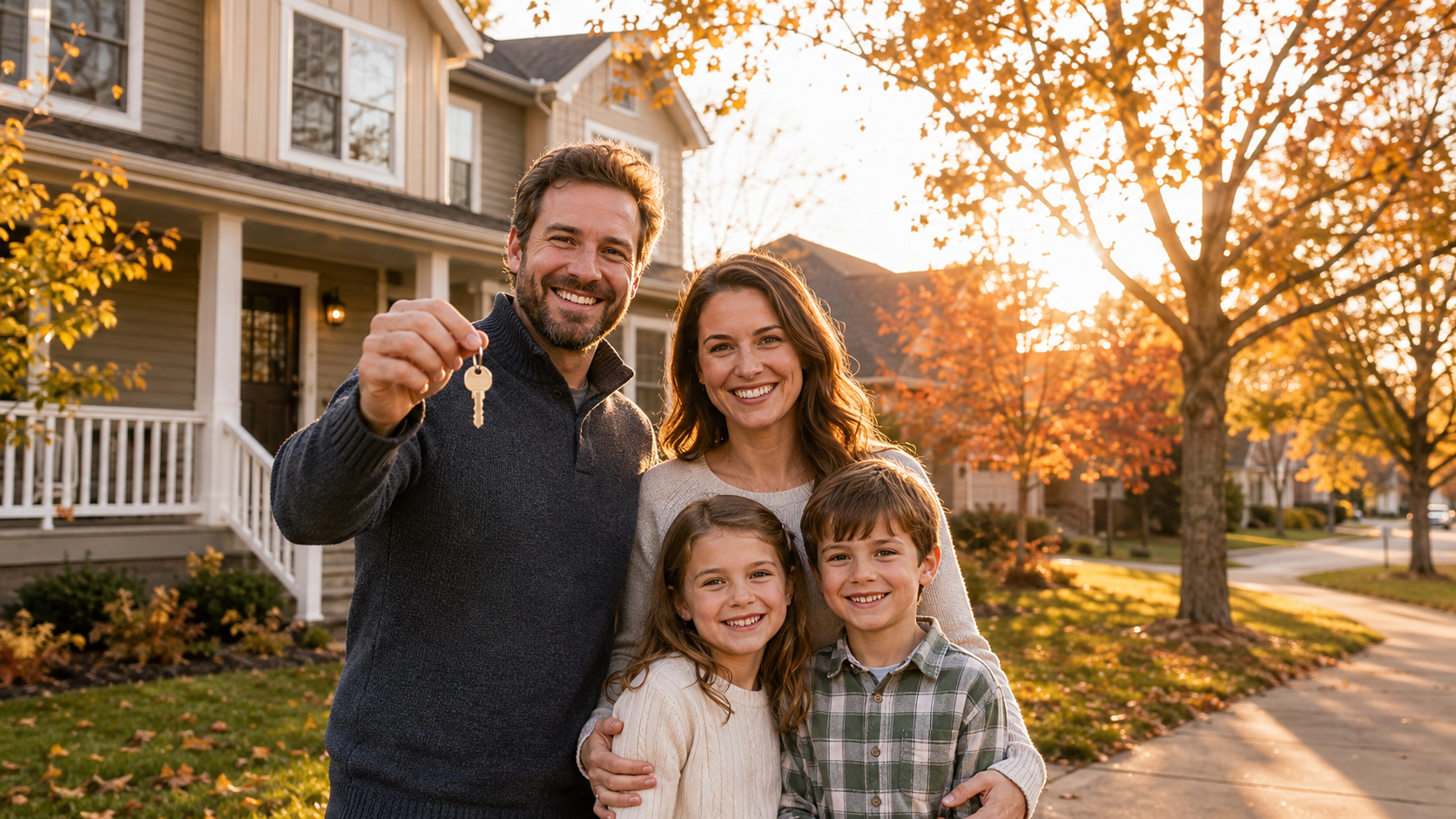 Happy family with two children holding a house key outside their new Midwestern home in autumn.