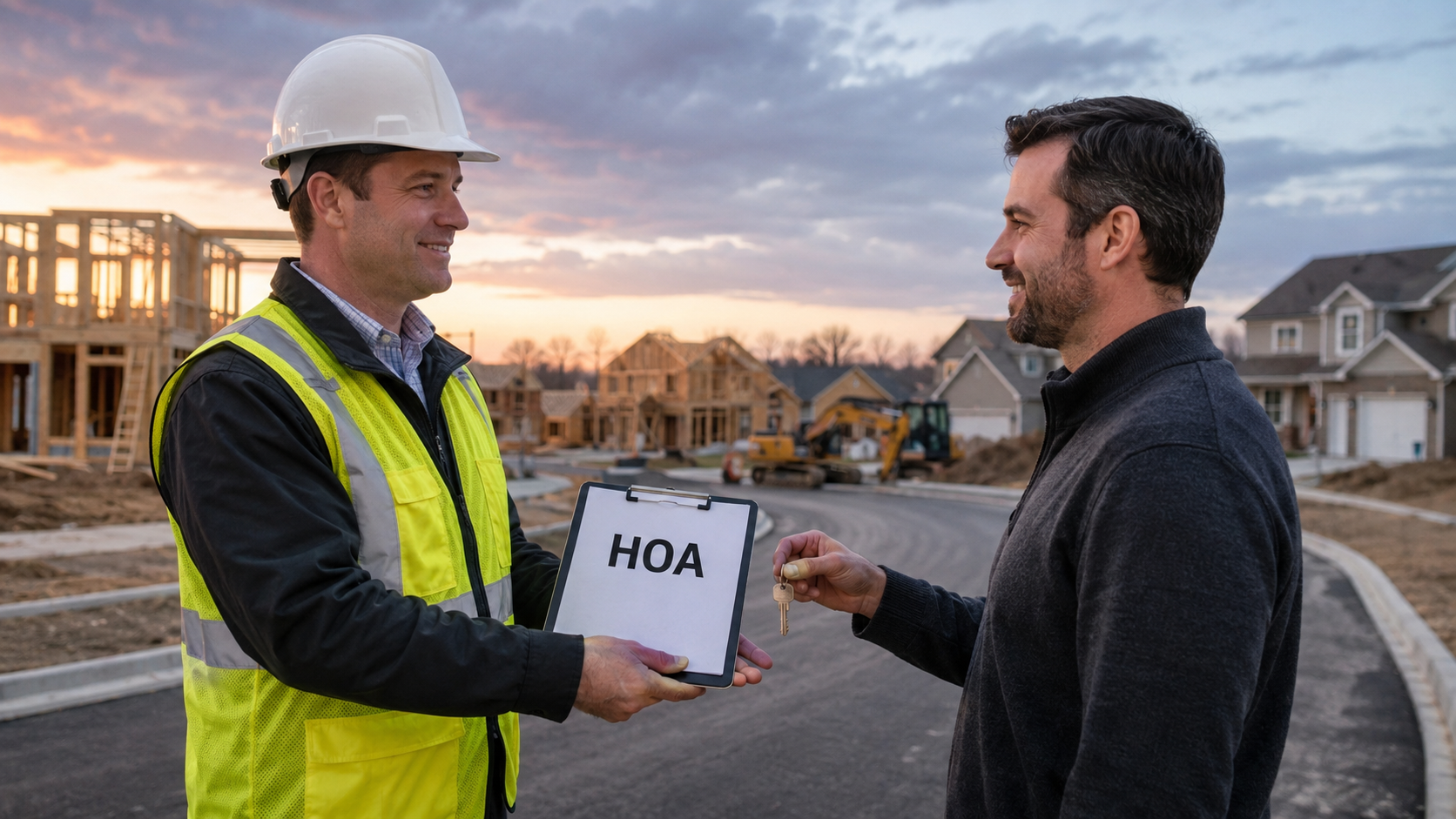 Developer transferring HOA documents and house keys to a homeowner in a new Kansas City subdivision under construction. Developer transferring HOA documents and house keys to a homeowner in a new Kansas City subdivision under construction.