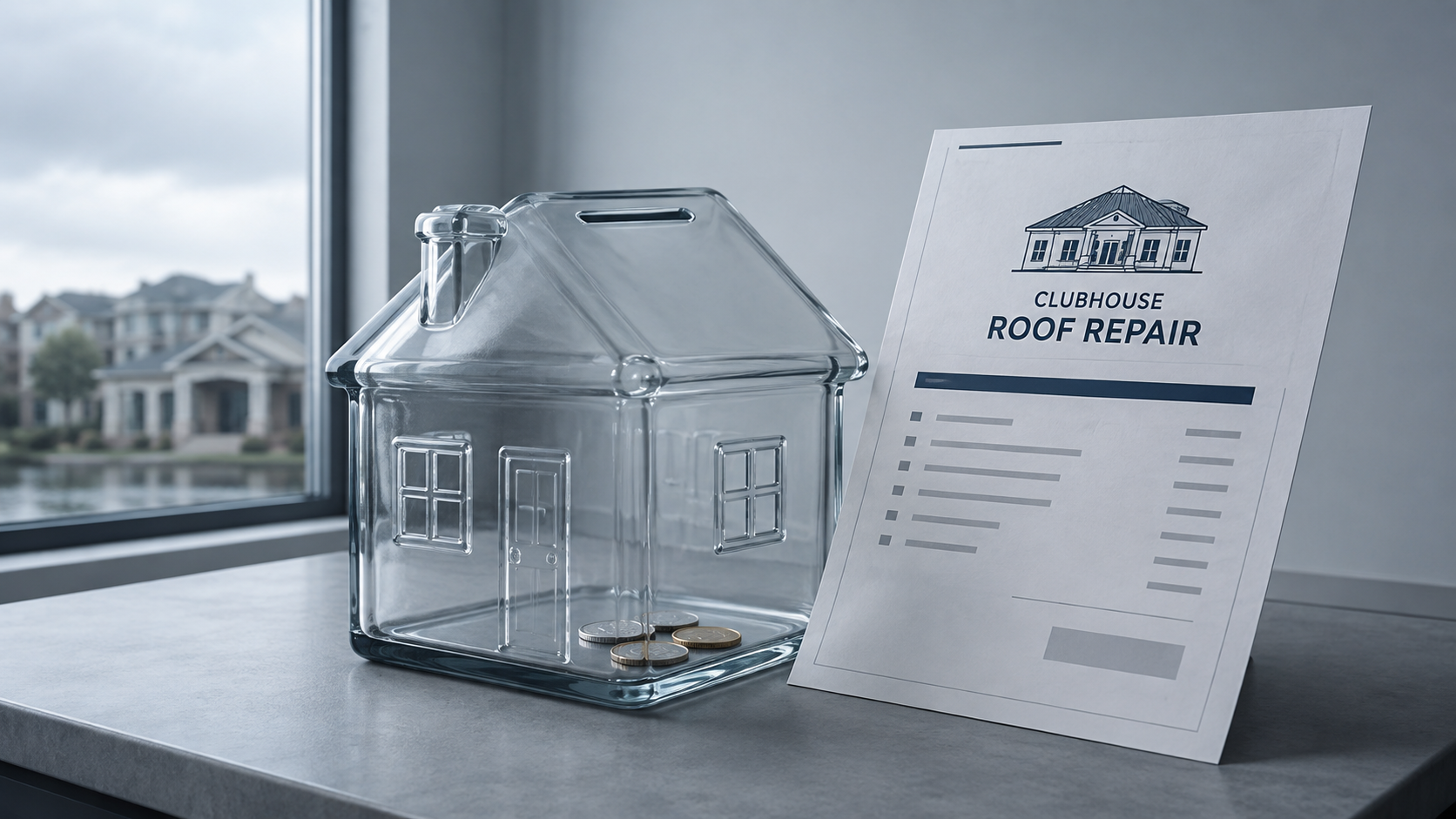 Nearly empty house-shaped piggy bank beside a clubhouse roof repair invoice, representing insufficient HOA reserve funds. Nearly empty house-shaped piggy bank beside a clubhouse roof repair invoice, representing insufficient HOA reserve funds.