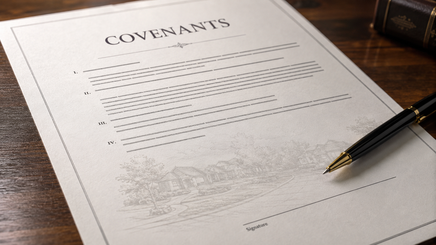Real estate covenants document with a neighborhood illustration and pen resting near the signature line. Real estate covenants document with a neighborhood illustration and pen resting near the signature line.