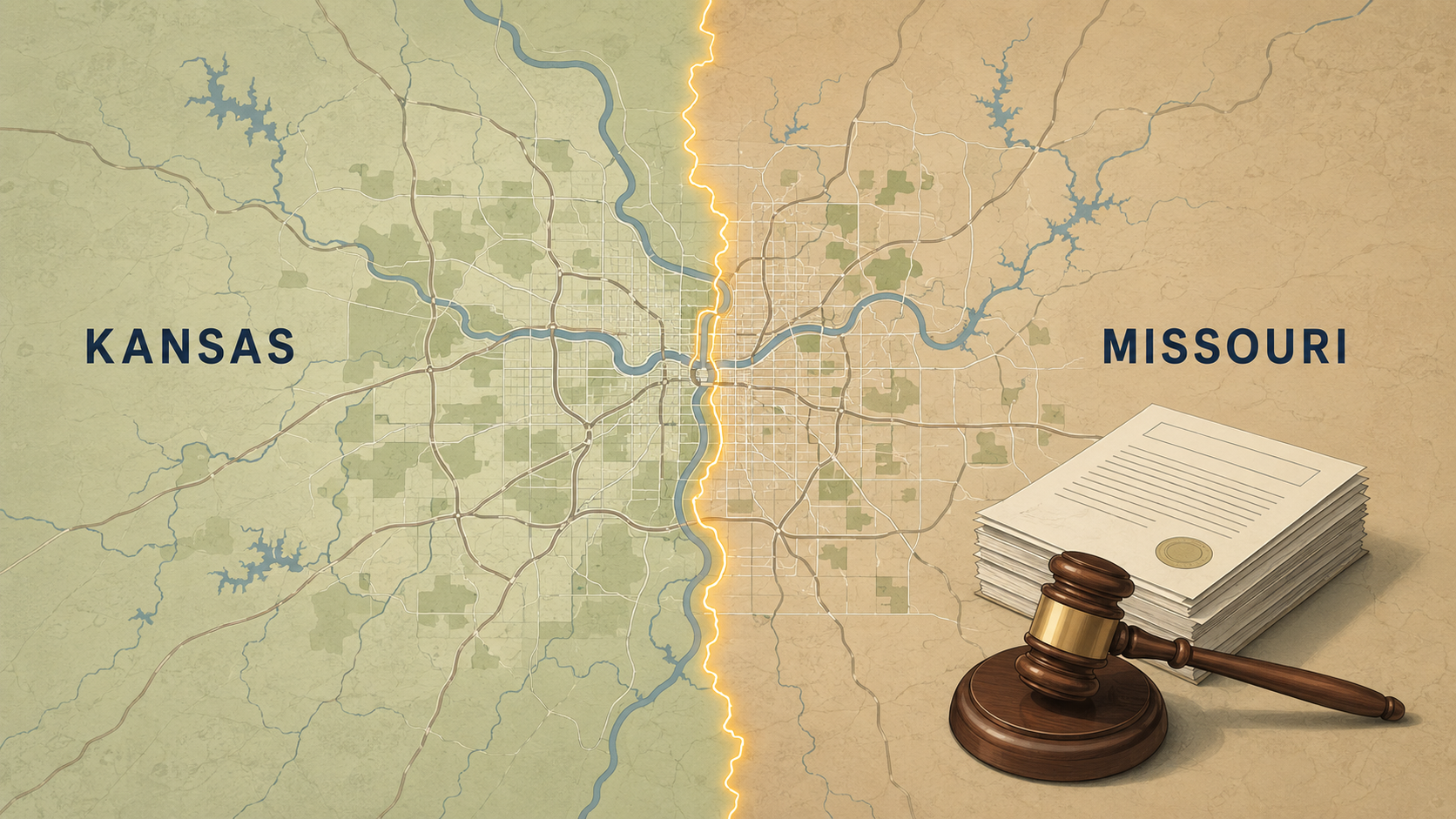 Kansas City metro map divided by the Kansas–Missouri state line, with legal documents and a gavel on the Missouri side. Kansas City metro map divided by the Kansas–Missouri state line, with legal documents and a gavel on the Missouri side.