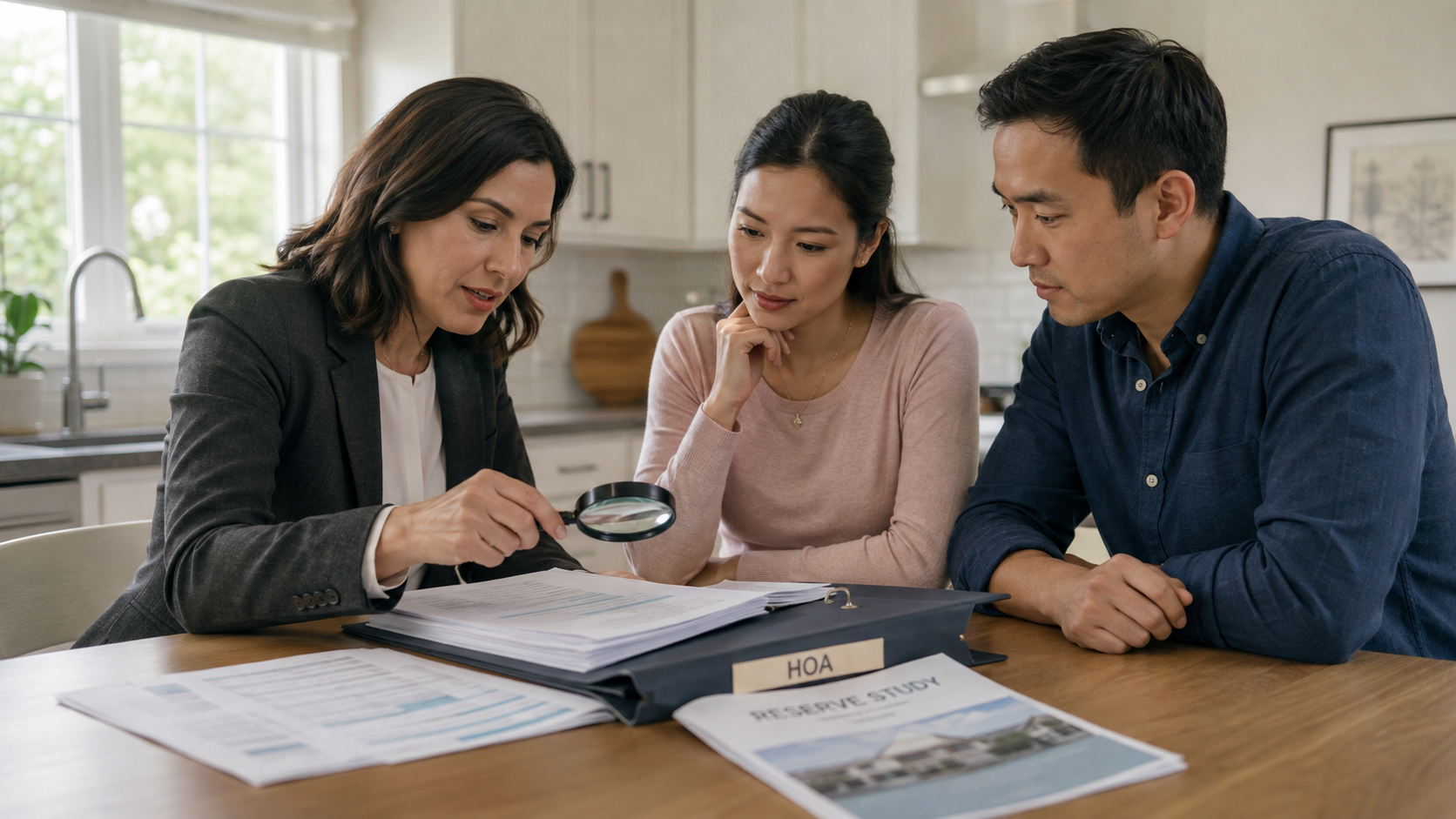 Real estate agent reviewing HOA documents and a reserve study with homebuyers at a kitchen table. Real estate agent reviewing HOA documents and a reserve study with homebuyers at a kitchen table.