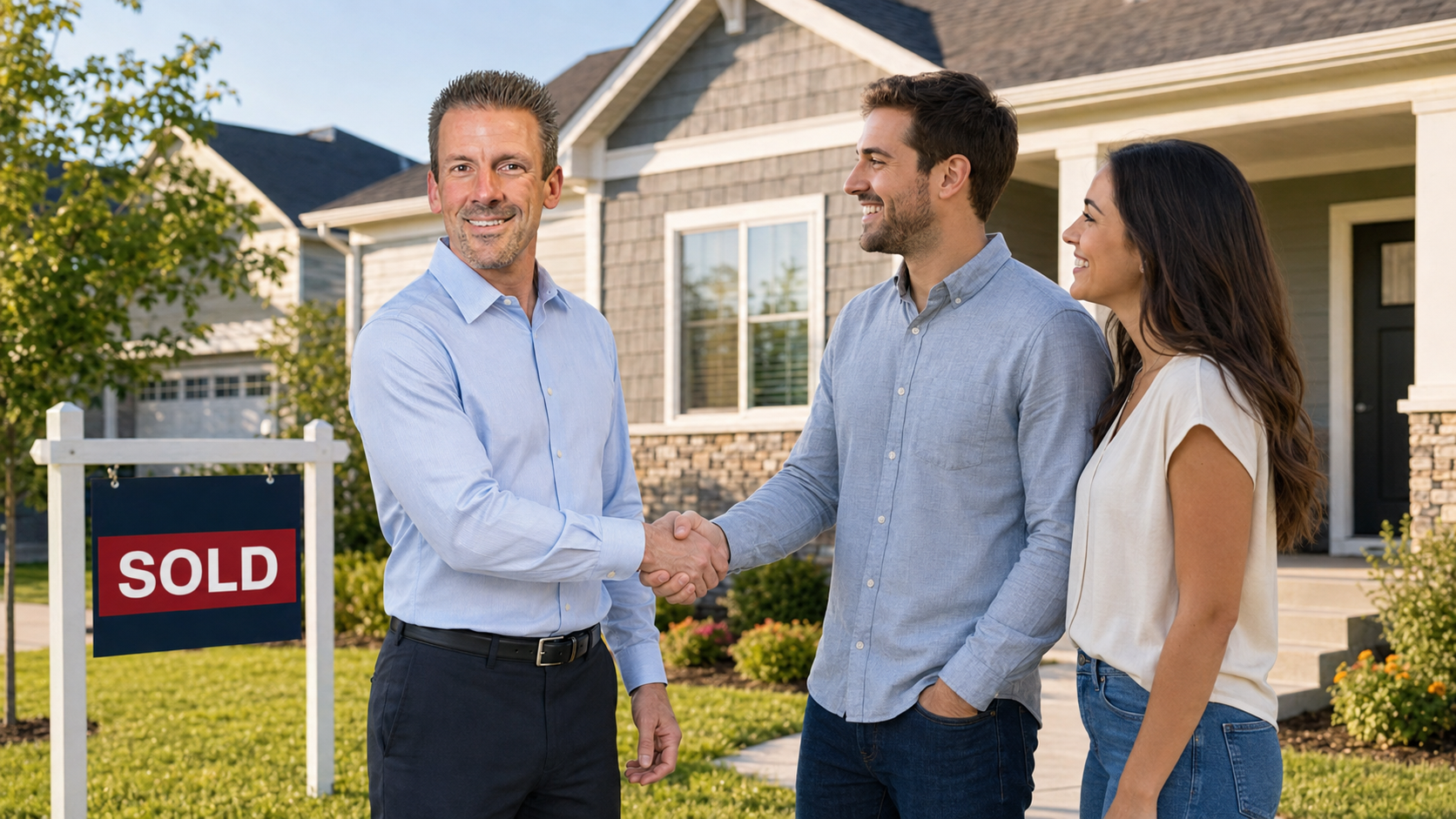 Kansas City real estate agent Jason DeLong congratulating a couple outside their new home beside a sold sign. Kansas City real estate agent Jason DeLong congratulating a couple outside their new home beside a sold sign.