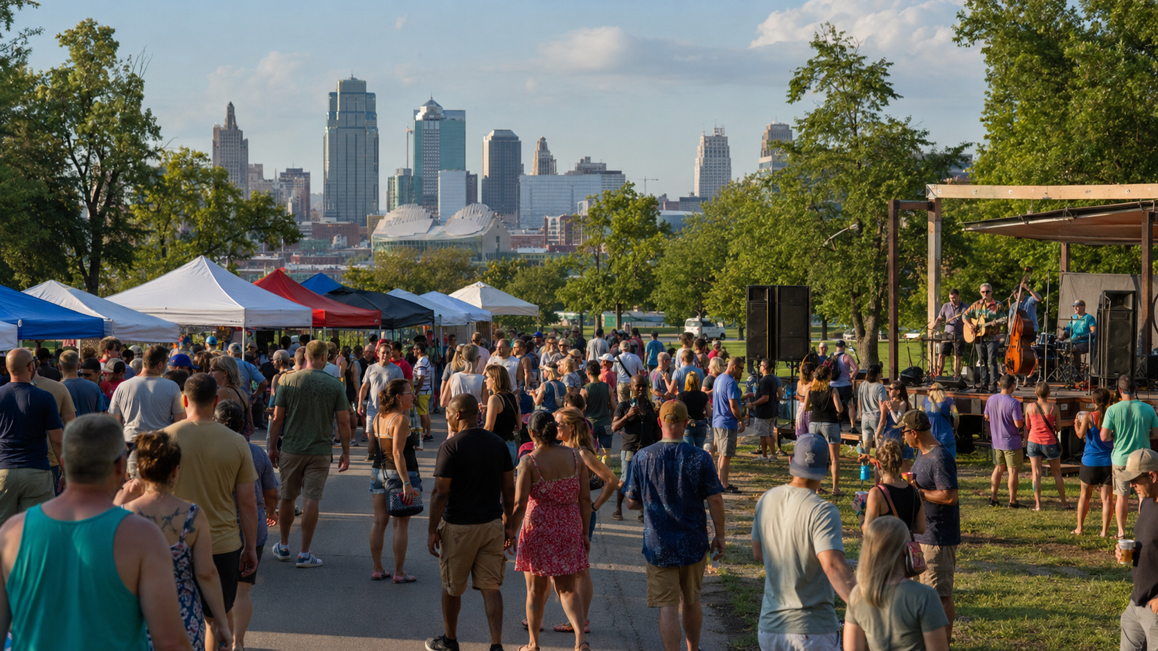 Kansas City Labor Day weekend festival with vendor tents, live music, families, and the downtown skyline in warm afternoon light. Kansas City Labor Day weekend festival with vendor tents, live music, families, and the downtown skyline in warm afternoon light.
