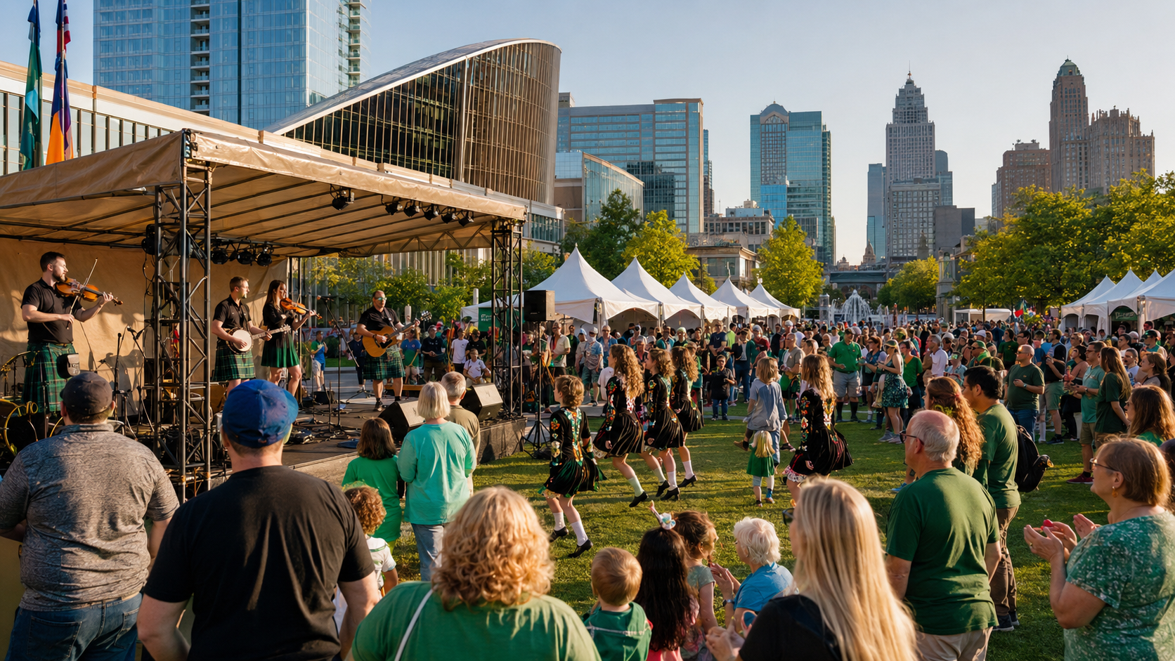 Kansas City Irish Fest at Crown Center with a Celtic band, Irish dancers, vendor tents, festivalgoers, and the downtown skyline. Kansas City Irish Fest at Crown Center with a Celtic band, Irish dancers, vendor tents, festivalgoers, and the downtown skyline.