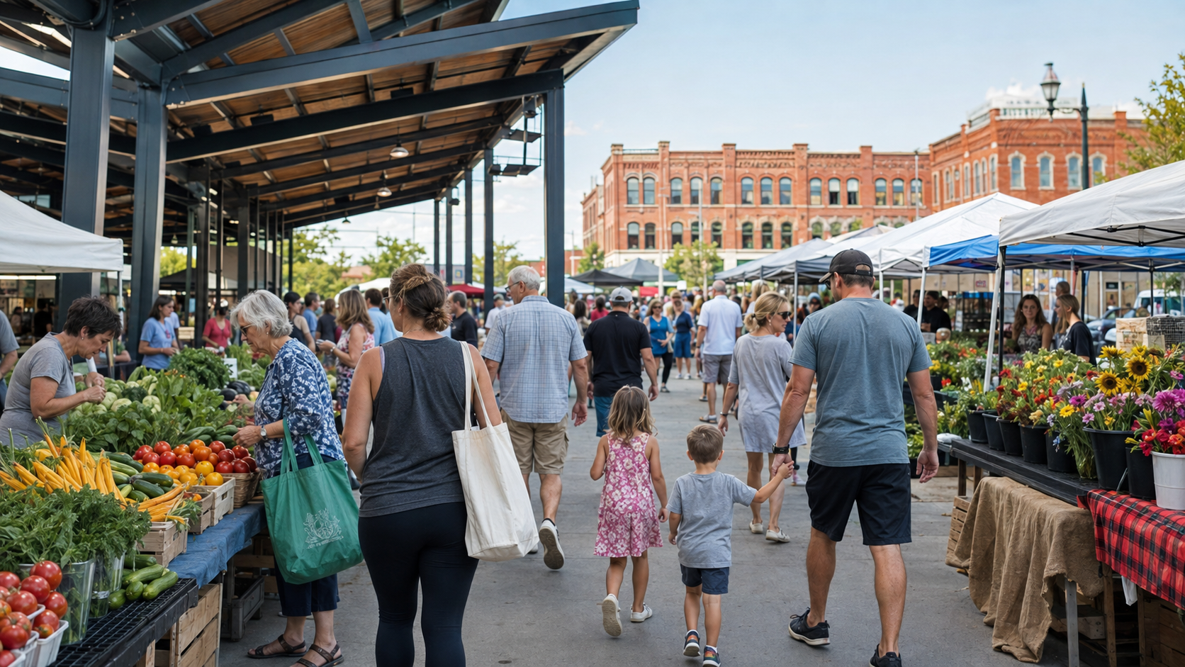 Downtown Lee’s Summit Farmers Market at Green Street with families shopping for fresh produce, flowers, bread, and handmade goods. Downtown Lee’s Summit Farmers Market at Green Street with families shopping for fresh produce, flowers, bread, and handmade goods.