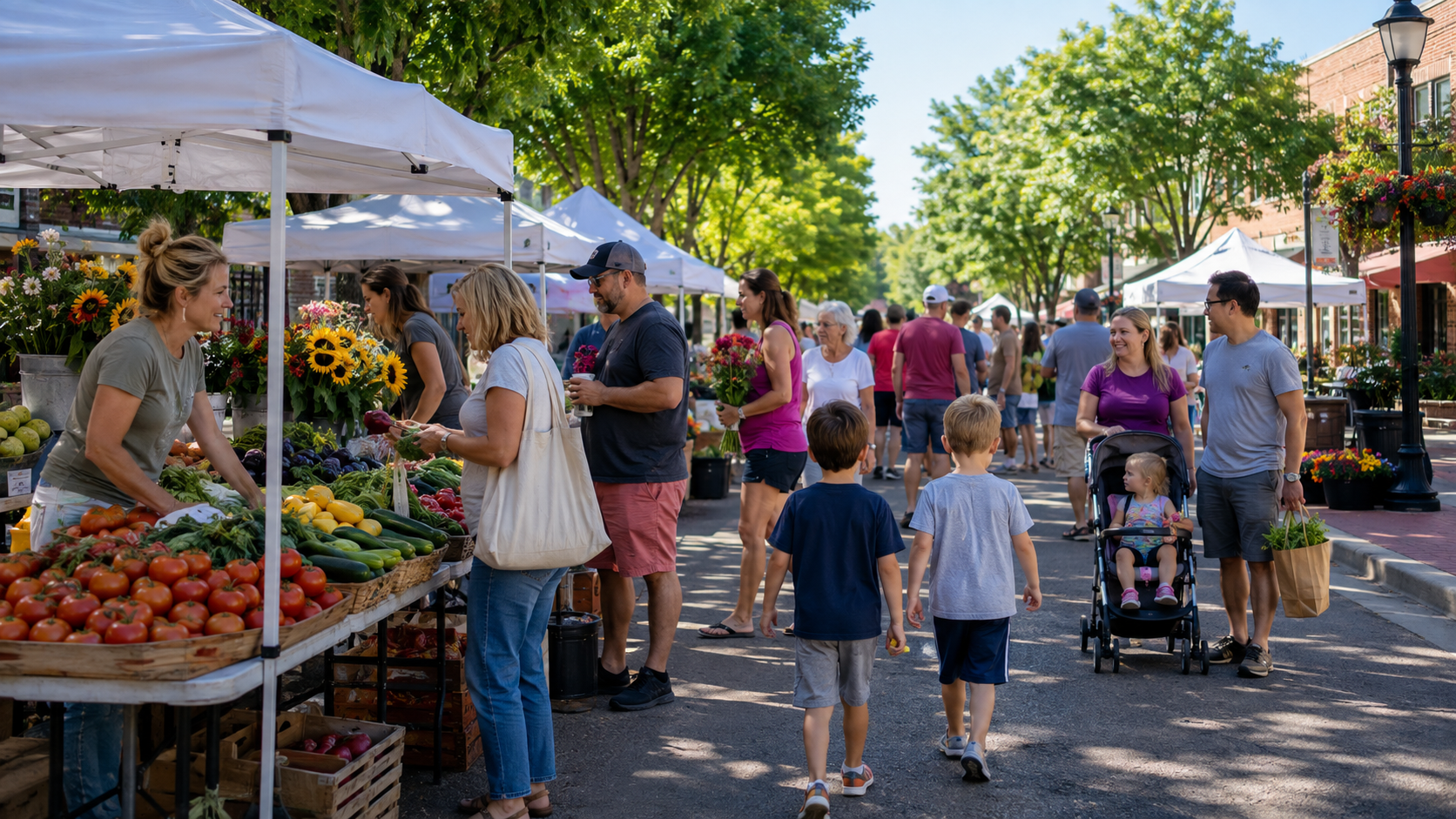 Shawnee and Olathe families shopping for fresh produce, flowers, honey, and baked goods at a suburban Kansas farmers market. Shawnee and Olathe families shopping for fresh produce, flowers, honey, and baked goods at a suburban Kansas farmers market.