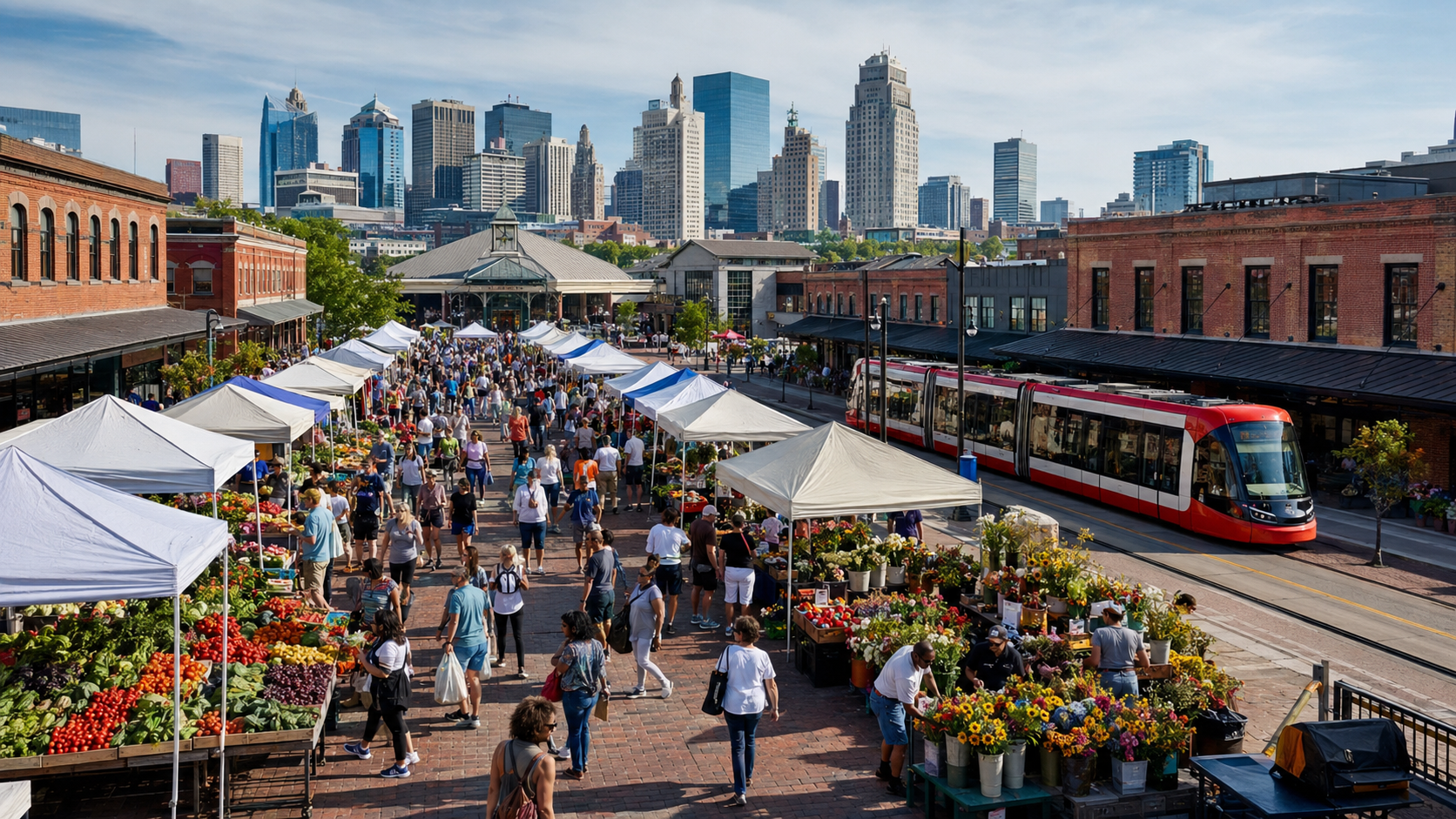 Kansas City City Market with produce and flower stalls, weekend shoppers, River Market buildings, a KC streetcar, and the downtown skyline. Kansas City City Market with produce and flower stalls, weekend shoppers, River Market buildings, a KC streetcar, and the downtown skyline.