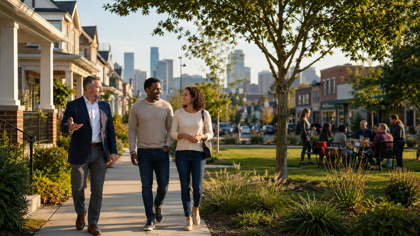 Kansas City real estate advisor showing a couple a walkable neighborhood with homes, local shops, a park, and the downtown skyline. Kansas City real estate advisor showing a couple a walkable neighborhood with homes, local shops, a park, and the downtown skyline.