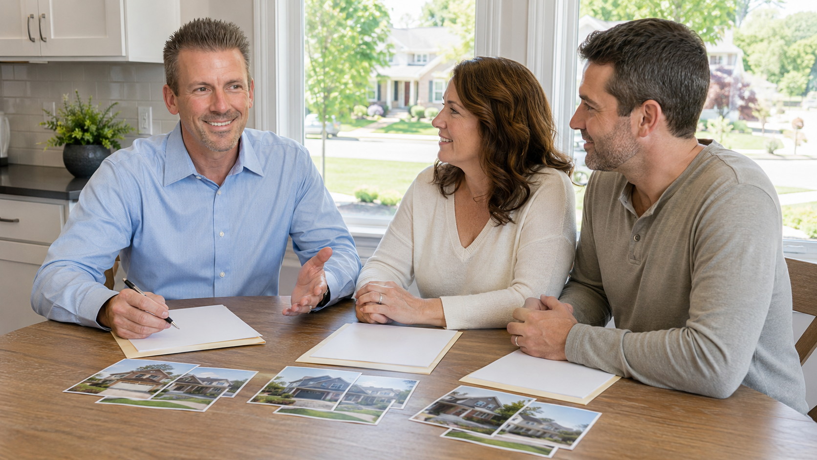 Kansas City real estate advisor meeting with homeowners at a kitchen table to review three personalized home-selling options. Kansas City real estate advisor meeting with homeowners at a kitchen table to review three personalized home-selling options.