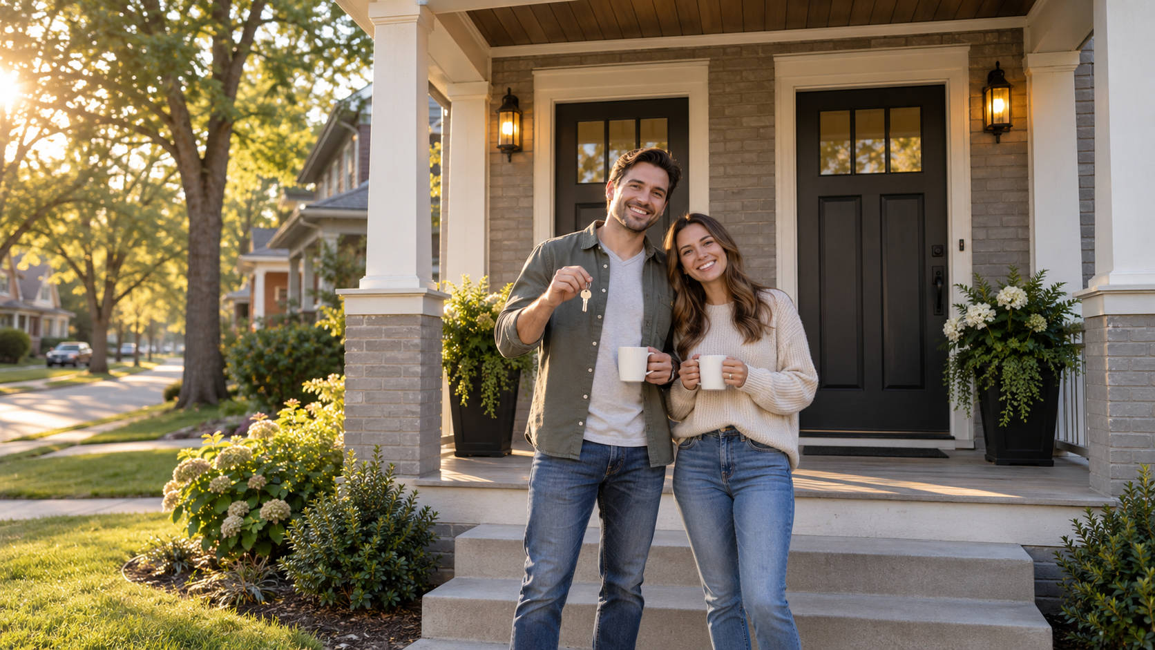 Couple holding house keys and coffee mugs in front of a two-unit duplex on a tree-lined Kansas City street.