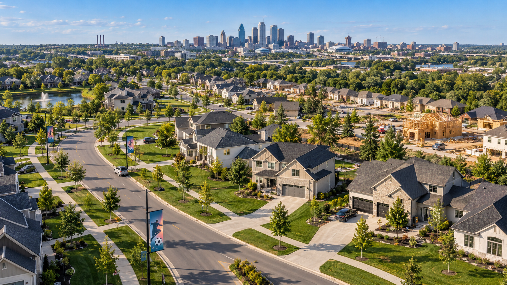 Aerial view of a growing Kansas City neighborhood with new homes, soccer-themed banners, and the downtown skyline.