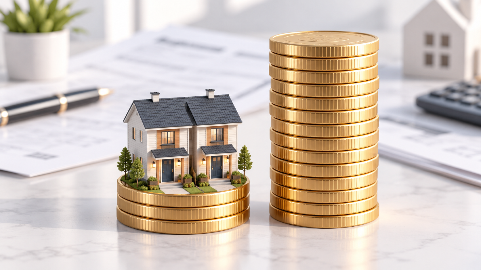 Miniature duplex on a short stack of coins beside a taller stack, illustrating a low 3.5% down payment.