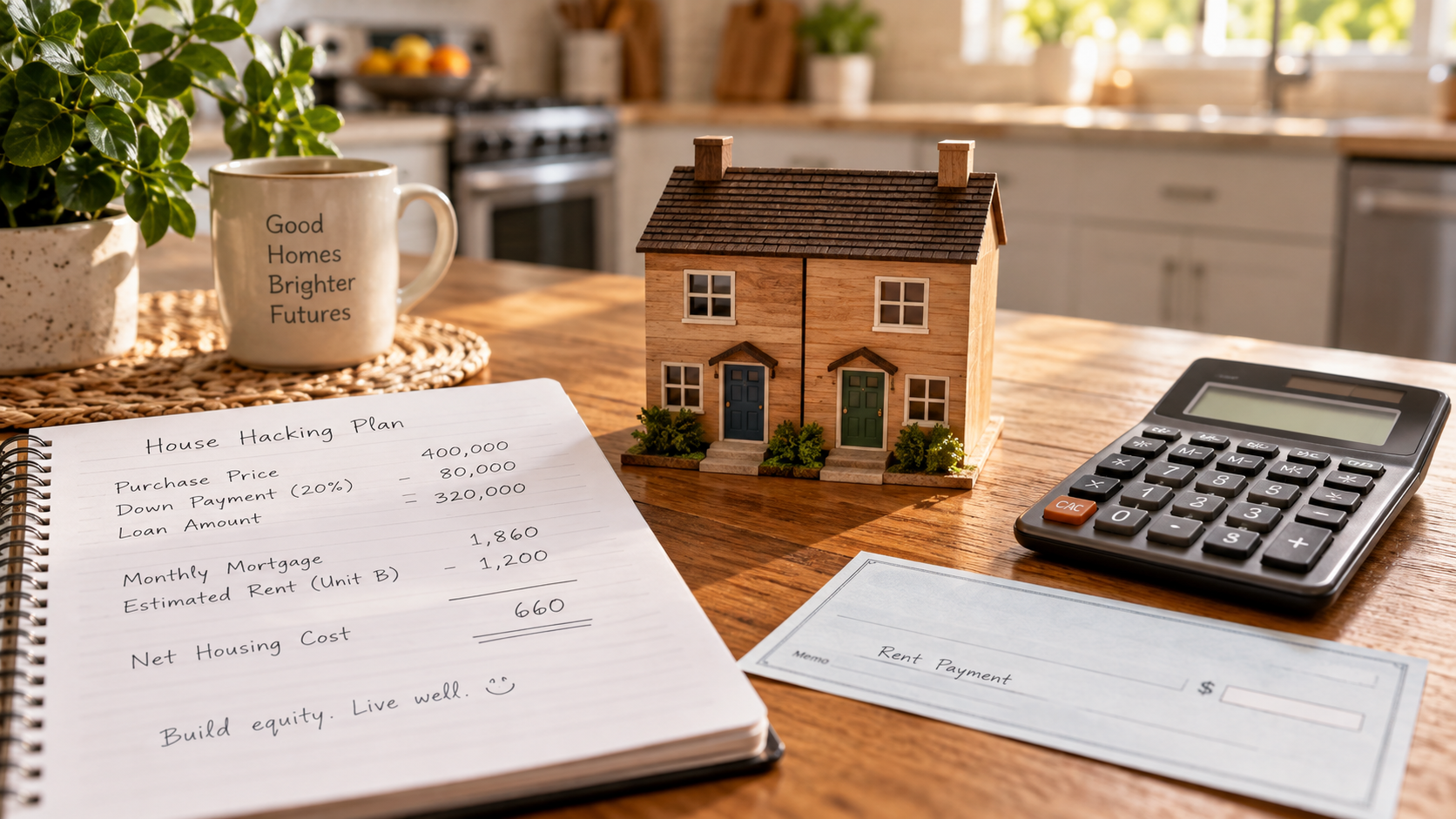 Mortgage calculations, calculator, rent check, and wooden duplex model arranged on a sunlit kitchen table.