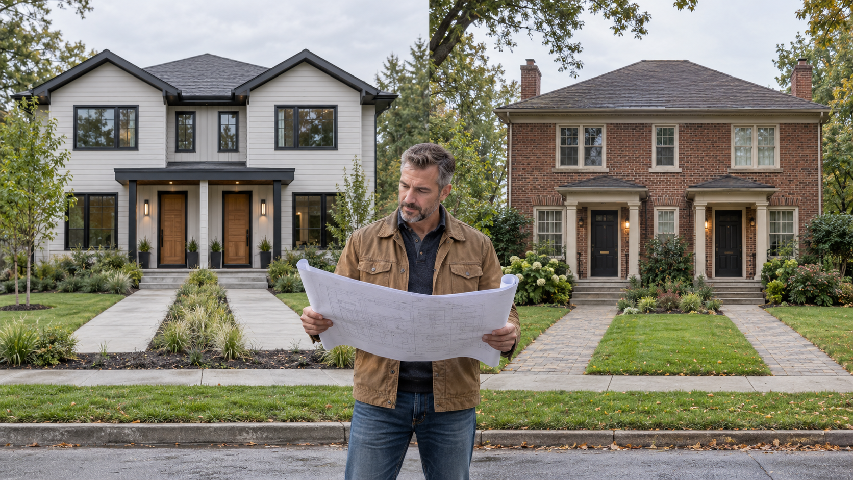 Builder reviewing blueprints between a modern new-construction duplex and a charming older brick duplex.
