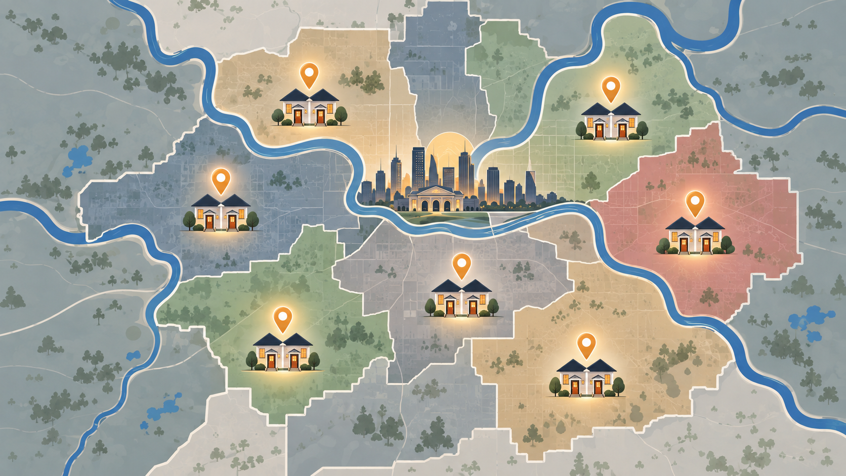 Illustrated Kansas City metro map with glowing location pins and duplex icons marking neighborhoods across the area.