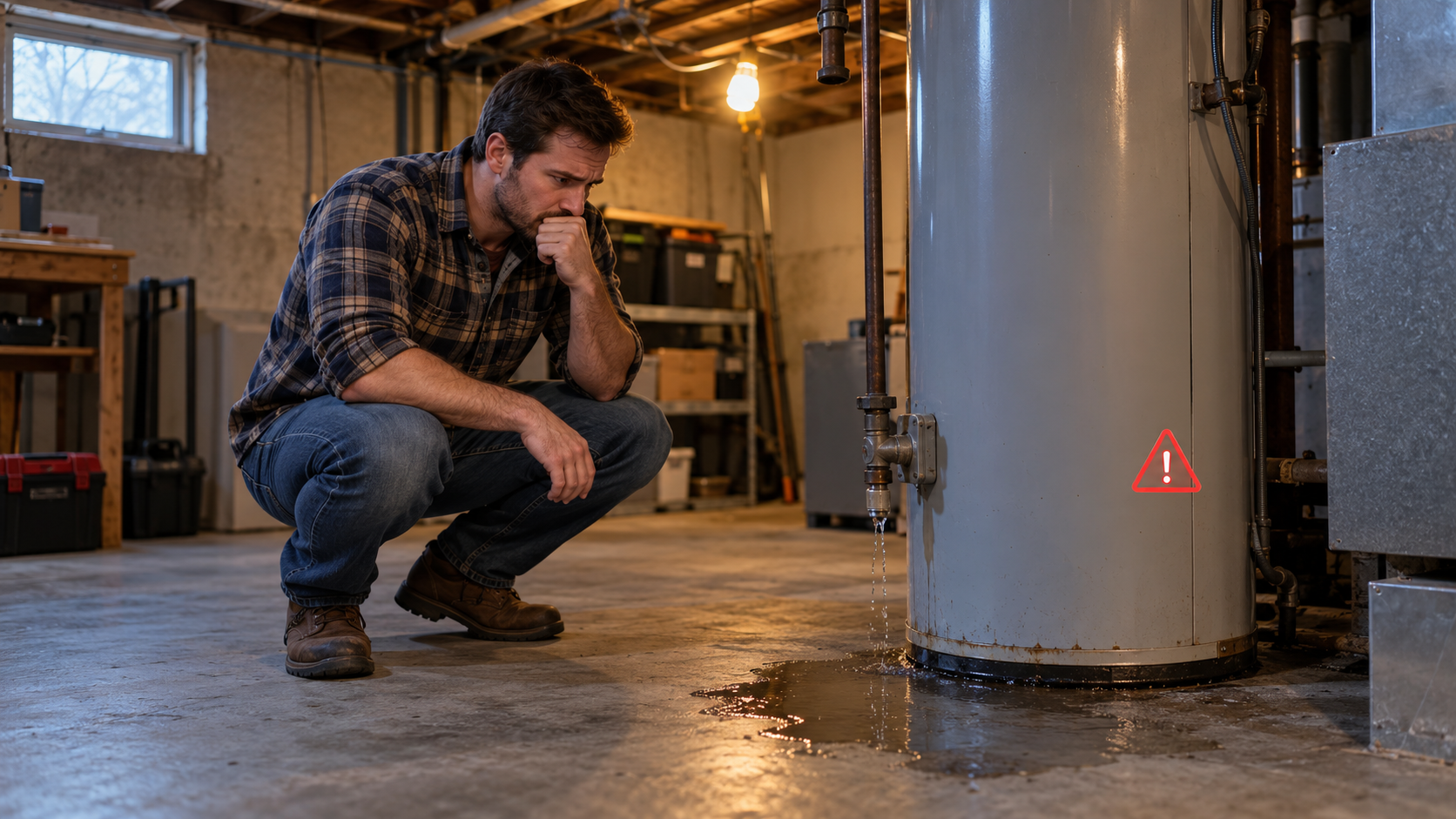 Concerned first-time landlord inspecting a leaking water heater in a basement utility room.