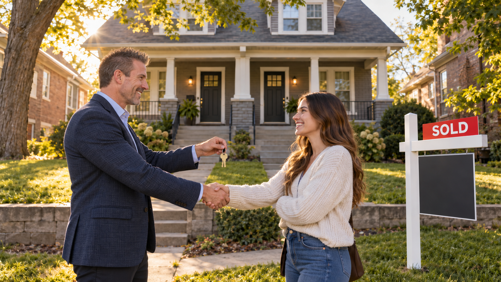 Kansas City real estate agent exchanging keys with a smiling buyer in front of a sold duplex.