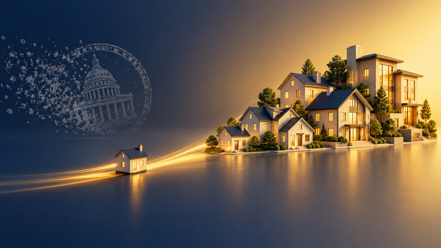 House token growing into a larger real estate portfolio as a government tax stamp fades behind it, illustrating a 1031 exchange.